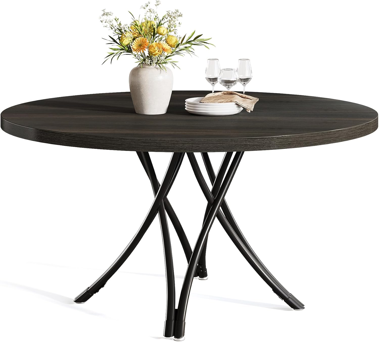 Tribesigns  Mesa De Comedor Redonda 120*120*75Cm,Mesa De Madera Con Robustas Patas Cruzadas De Metal Para Cocina,Salón, Negro , Leroy Merlin