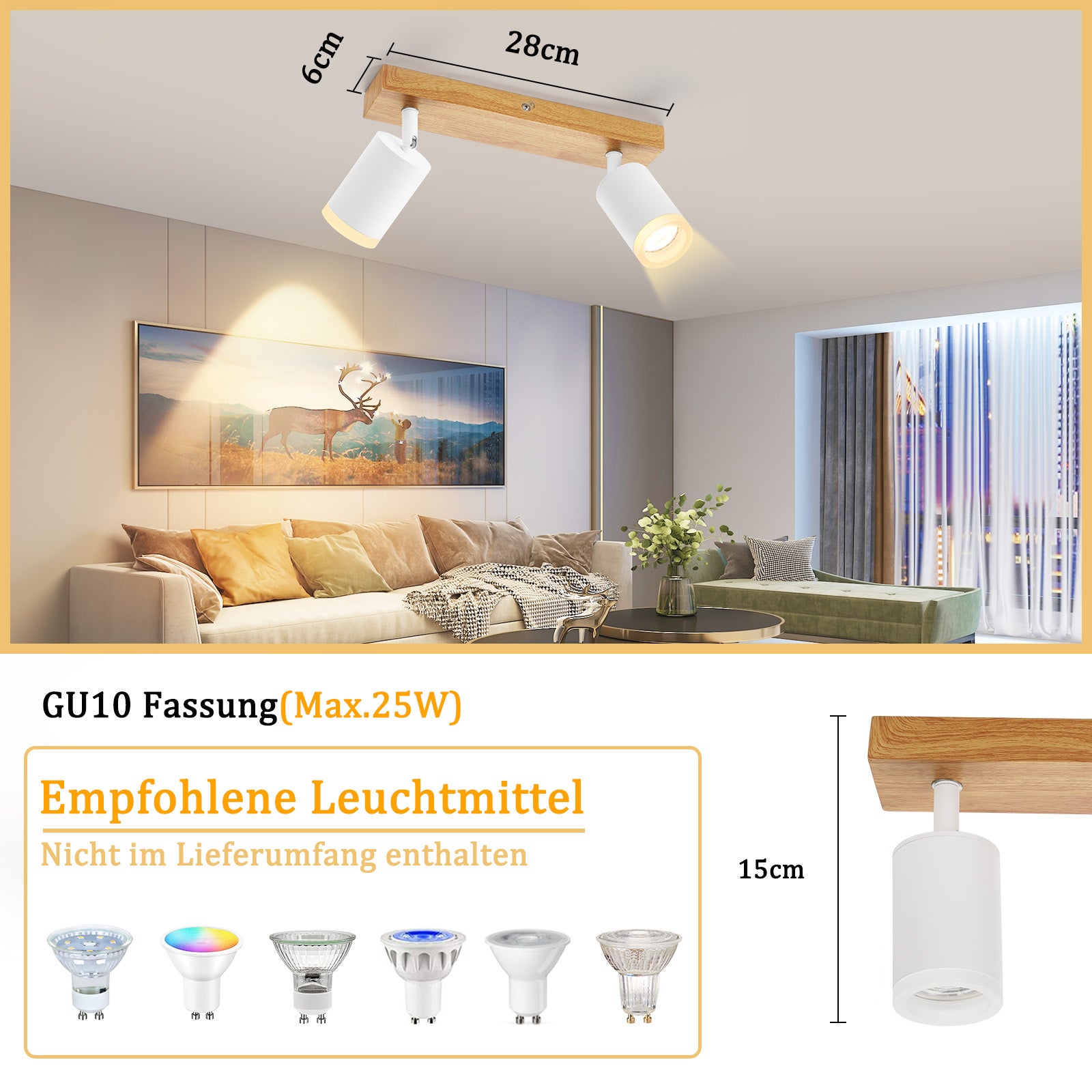 NETTLIFE Foco de techo blanco GU10 Foco de pared de madera vintage giratorio sin bombilla orientable 350° industrial - 4