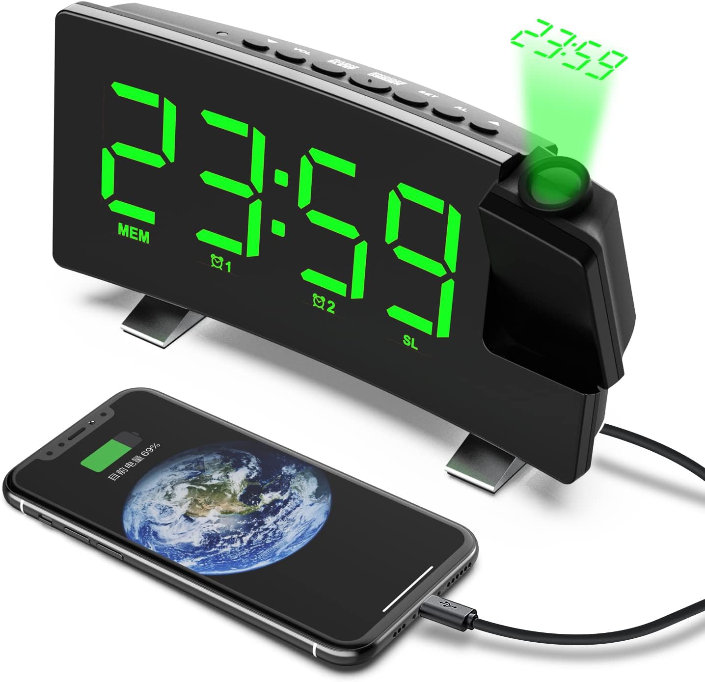 Réveil Projection Plafond 180° Avec Radio FM Et Port USB – Double Alarme, écran LED Réglable, Gradation Luminosité
