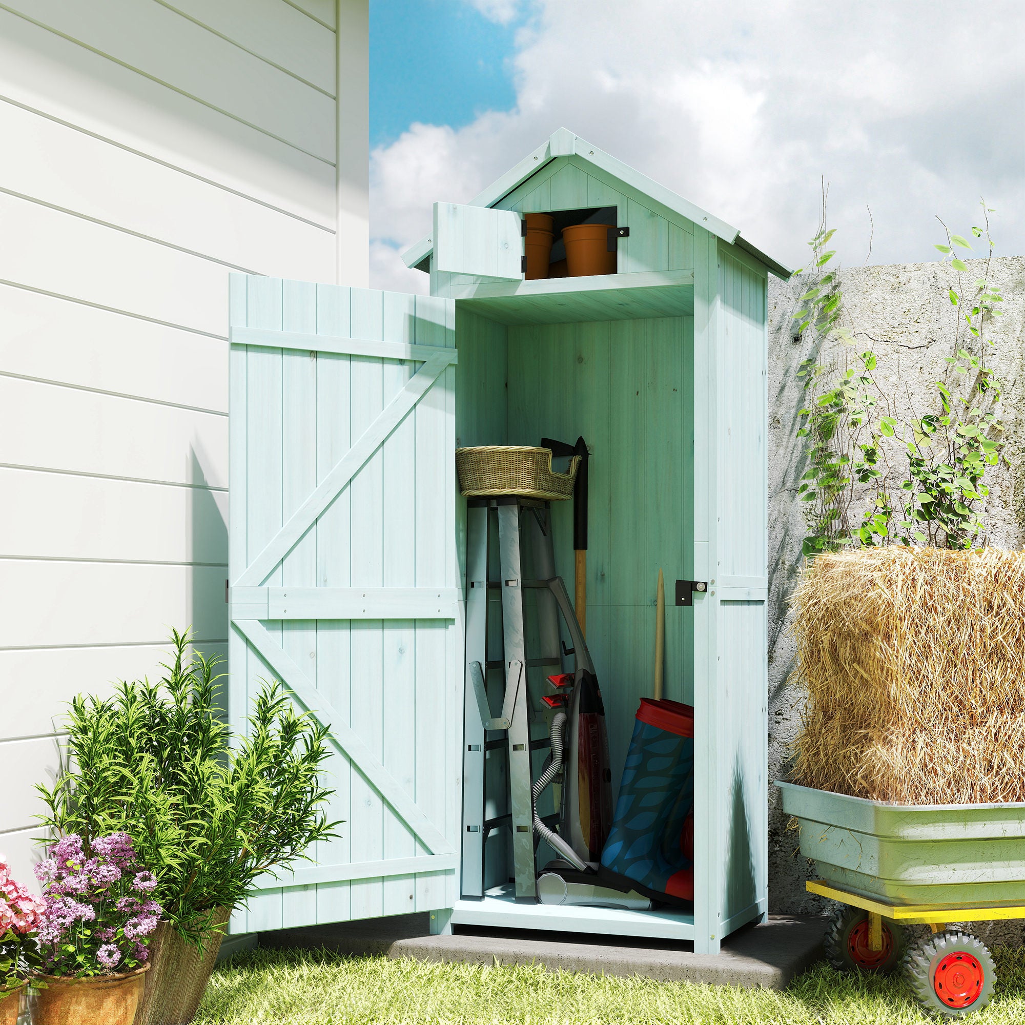 Outsunny Casetta da Giardino Porta Attrezzi in Legno con 3 Ripiani, 77x54.2x179cm, Blu - 2