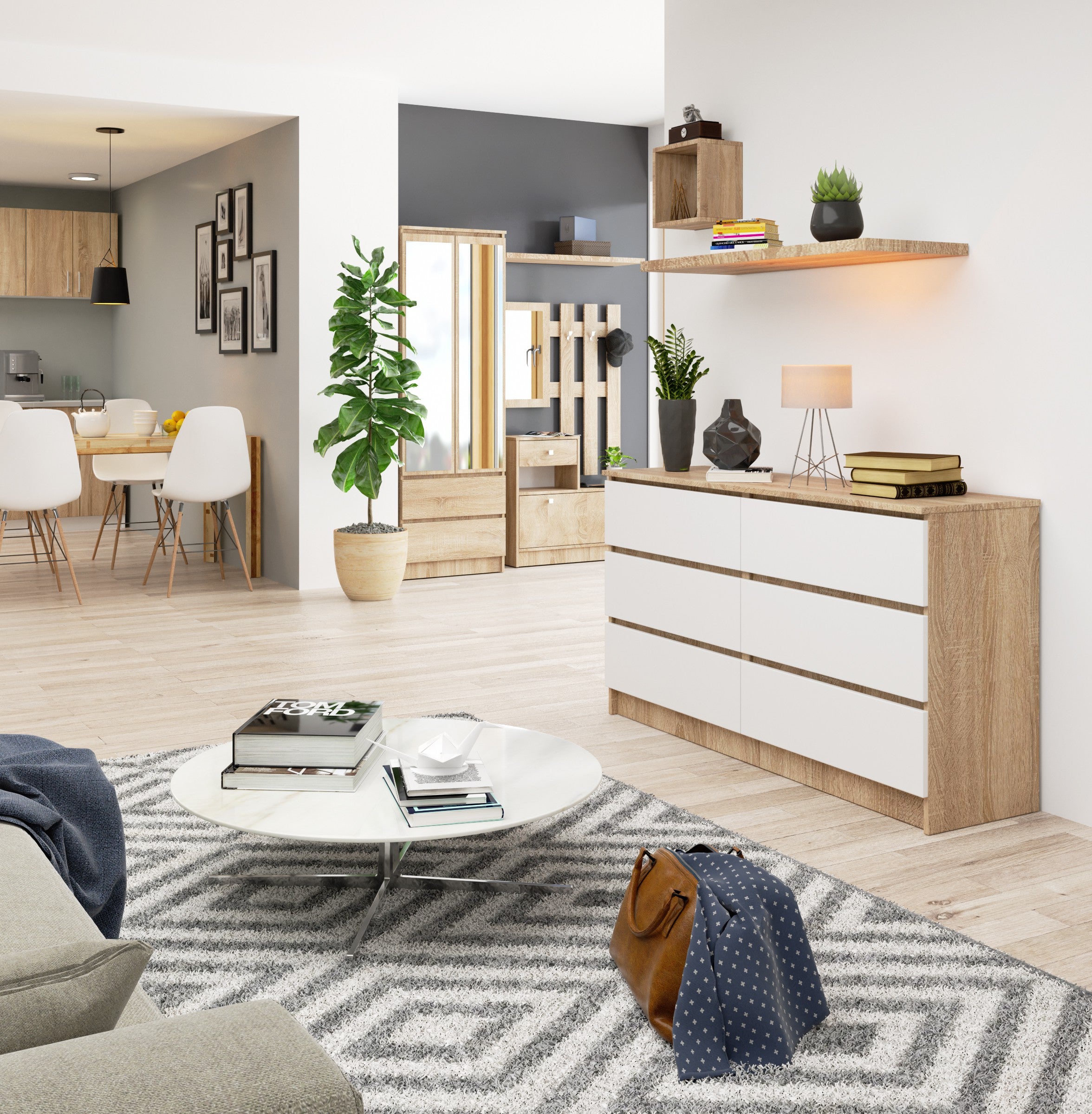 Commode AKORD K140 Chêne Sonoma 138 cm 6 tiroirs façade Blanche 138x40x77 cm - 8