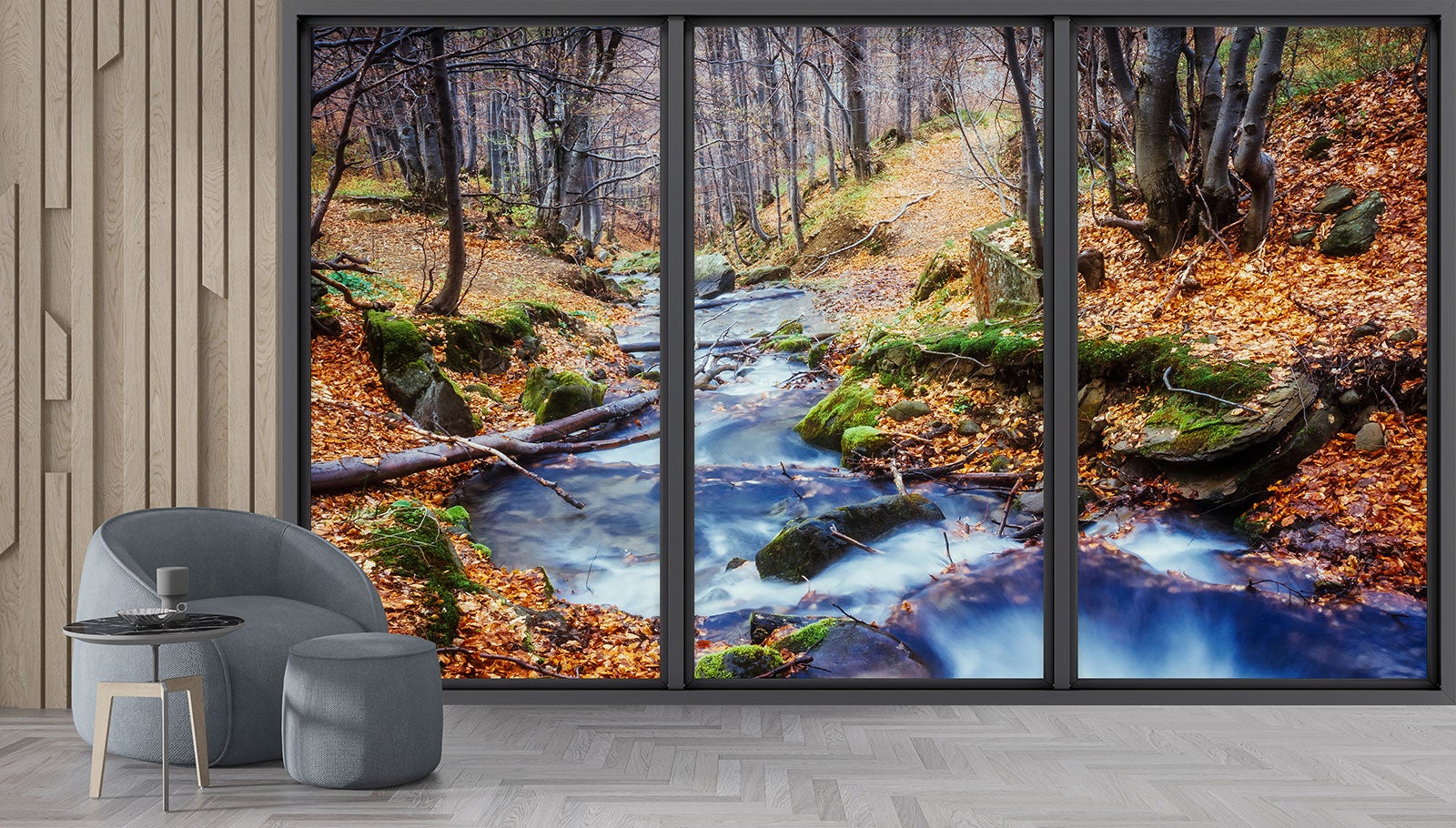 Papier peint panoramique intissé décoratif Trompe l'oeil baie vitrée - Rivière forêt - L260 cm x H156 cm - 4