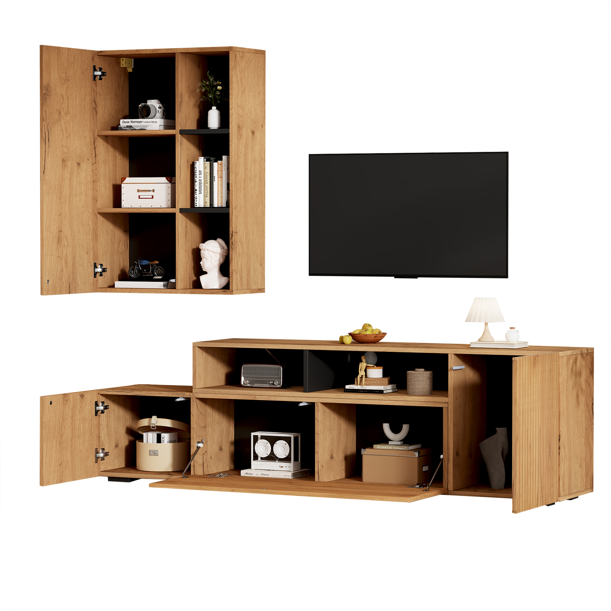 Mobile TV FineBuy 120x56x39 Cm: Rovere E Rattan, 2 Cassetti, Vani Aperti, Design Alto, Per Soggiorno