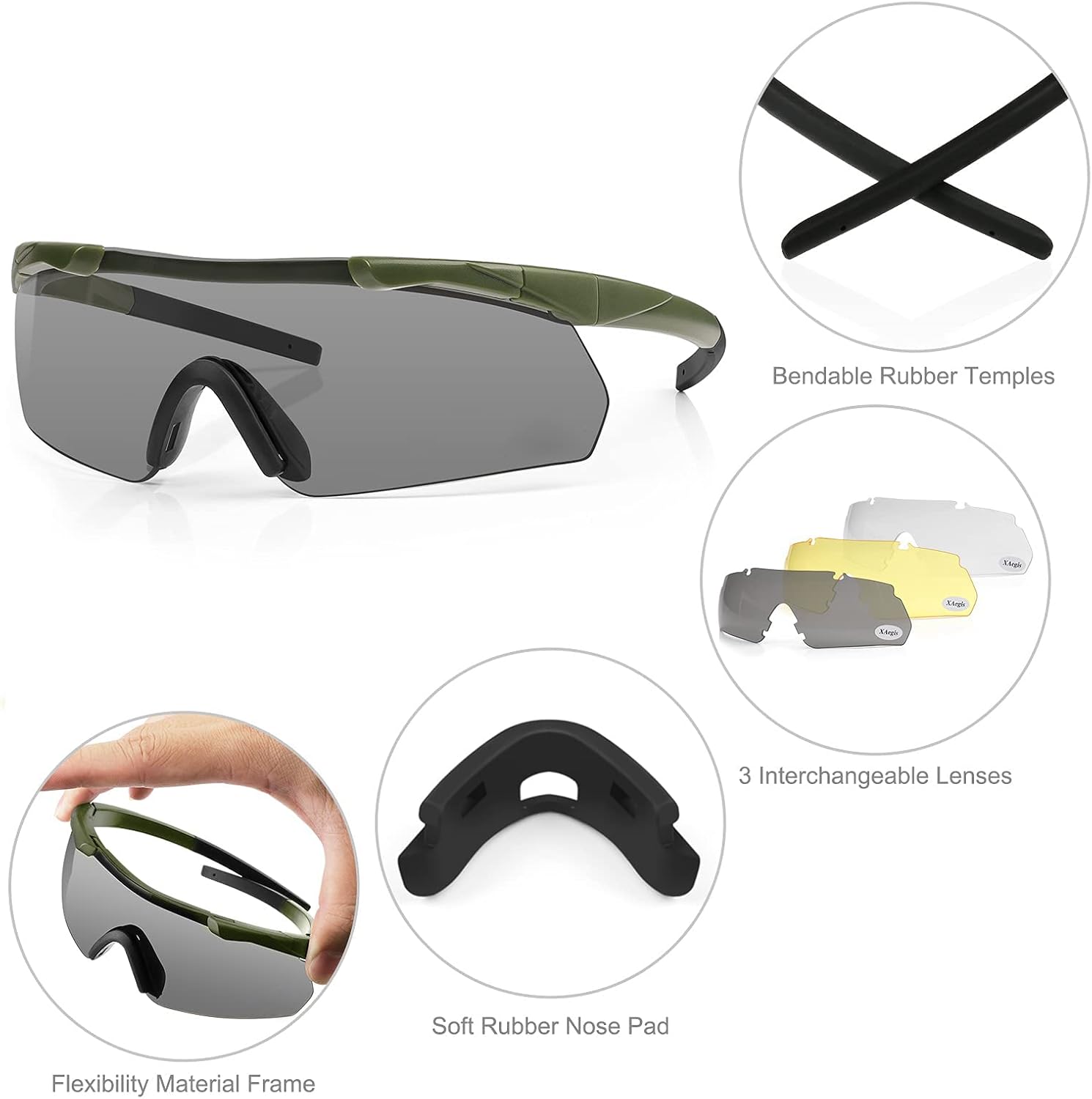 Óculos de segurança - Óculos de tiro tático com 3 lentes intercambiáveis - Transparentes e resistentes a impactos (verde-exército) - 2
