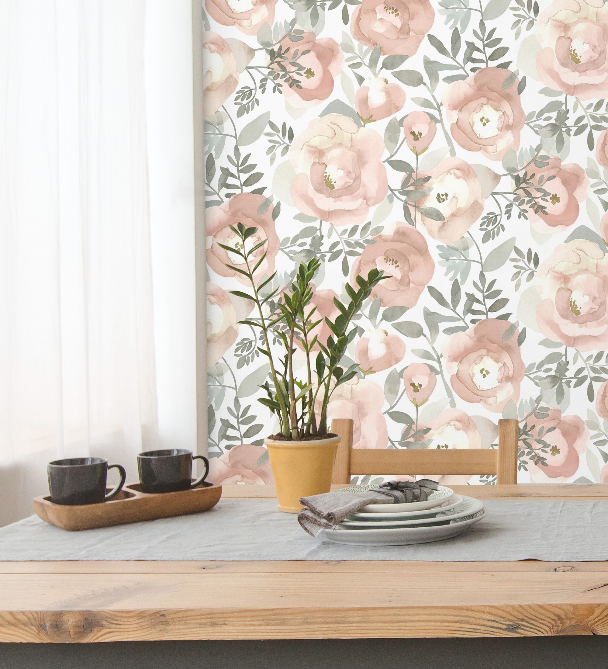 Papel pintado vinílico ecológico de flores pintadas a acuarela - camellias garden 680625 de gaulan - rollo de 10 m x 0,53 m