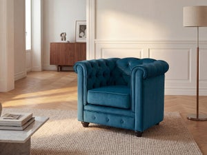 Fauteuil Habitat Antoine Velours Bleu Canard, Très Bon état, 79x65x77 Cm, Pour Salon Ou Chambre