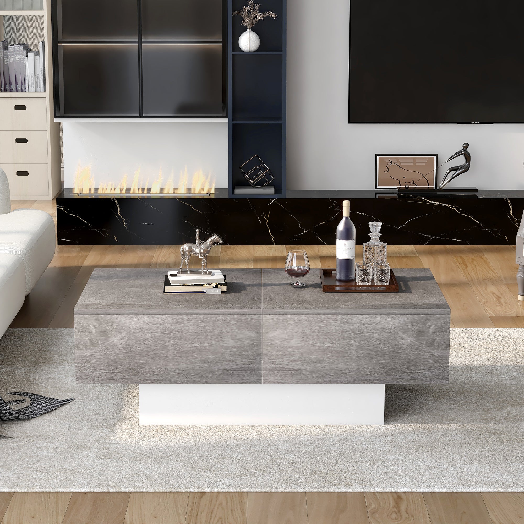 (=WF199569, même article) Table de canapé universelle, salon, haute brillance avec table extensible et espace de rangement (gris) - 2