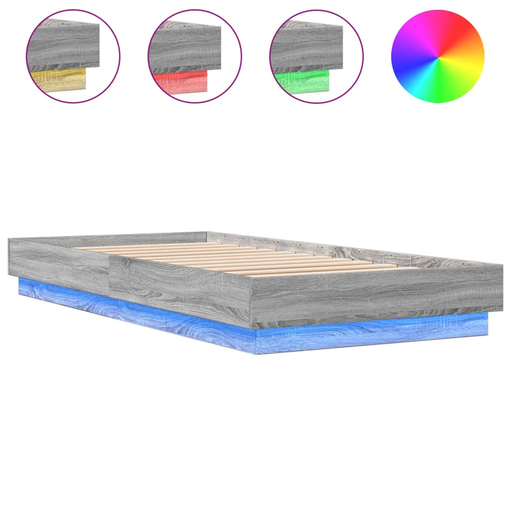 Łóżko Szare Rama Łóżka Ze Stelażem Do Sypialni Pokoju LED 100x200 cm