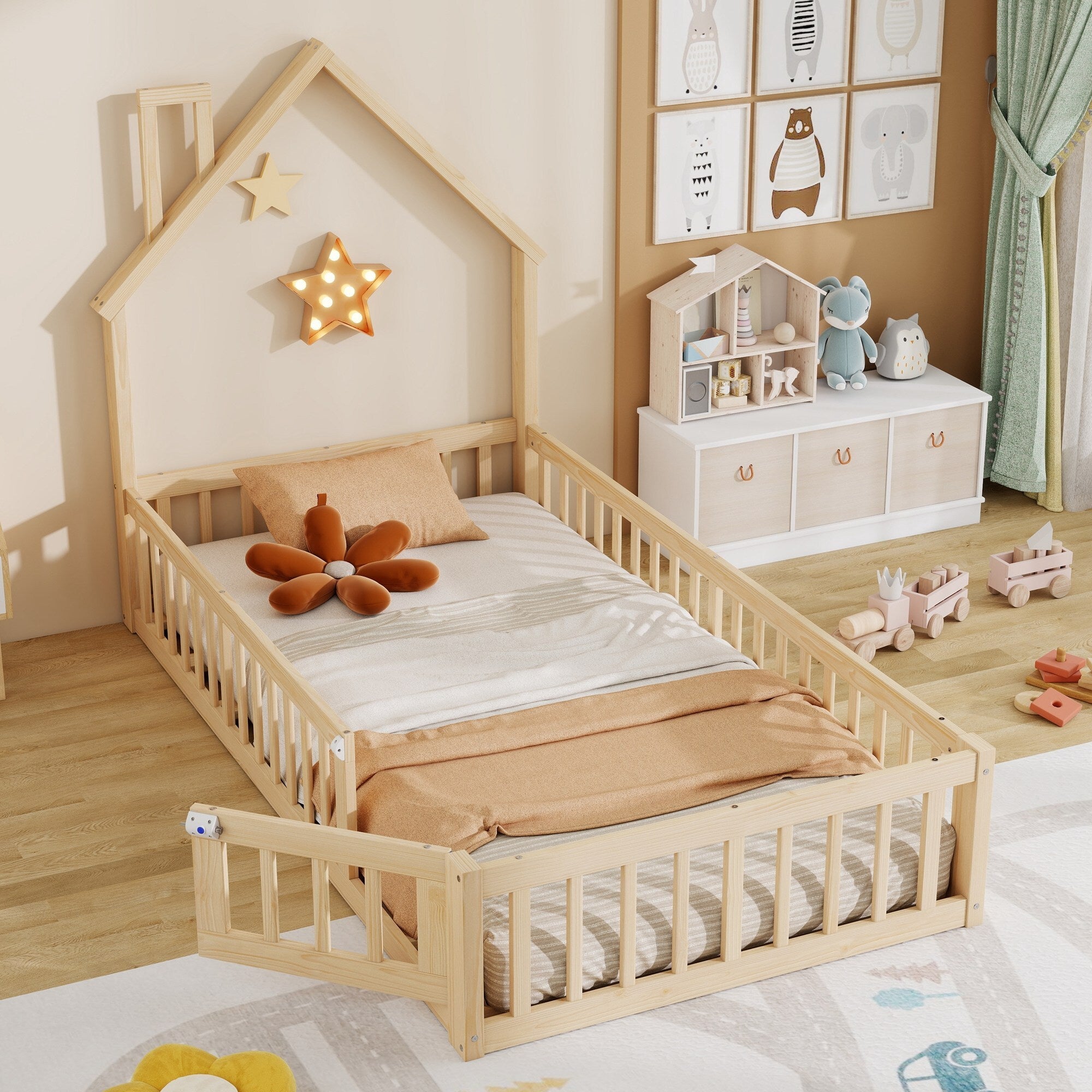 Cama infantil suelo,90x200,cama Montessori,cama infantil con forma de chimenea,cama infantil tipo cabaña con somier,cama individual,madera de pino - 5