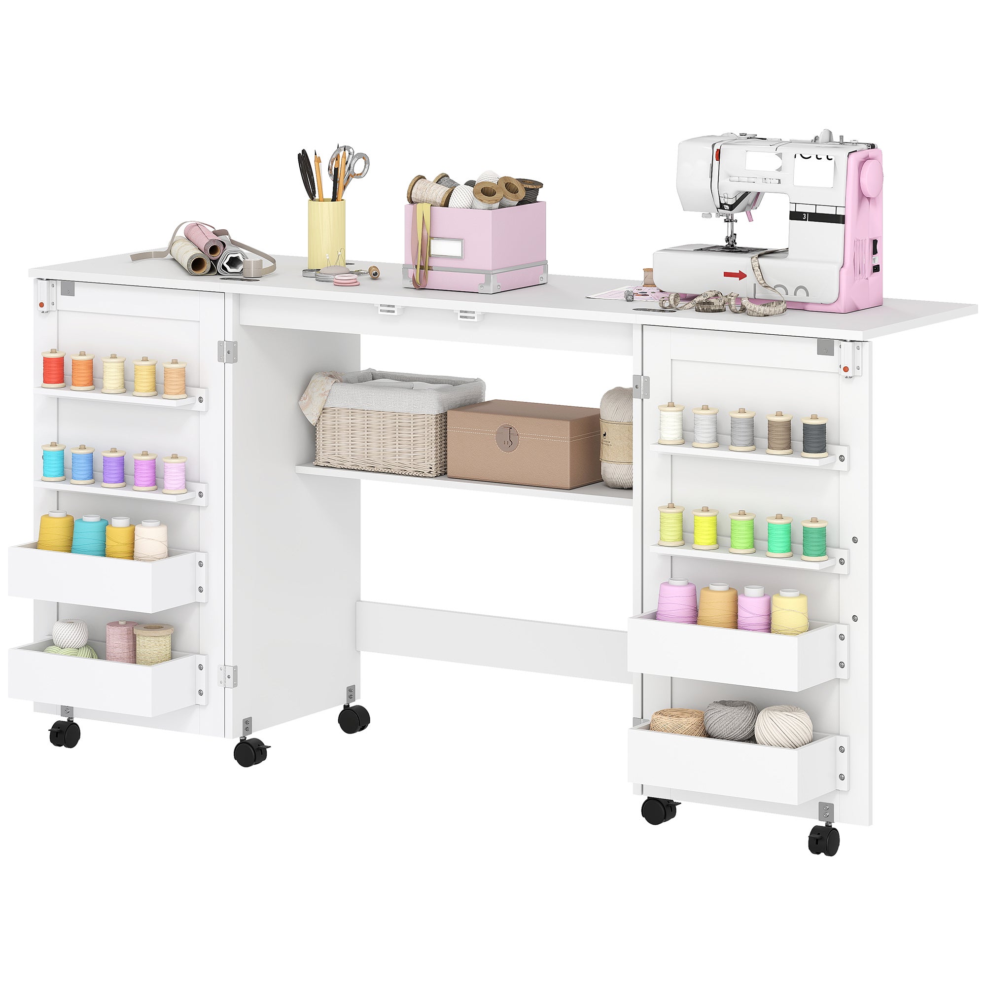 Table Couture Pliante HOMCOM – Meuble Machine à Coudre Sur Roulettes, 20 Crochets, 4 Bacs, Étagère, Portes Magnétiques – Blanc Moderne