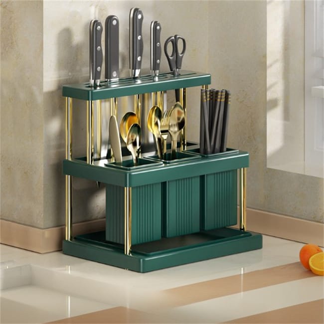 Wielofunkcyjny organizer kuchenny, ociekacz na sztućce z plastiku, uchwyt na noże i przybory, zielono-złoty, 23×16×25 cm