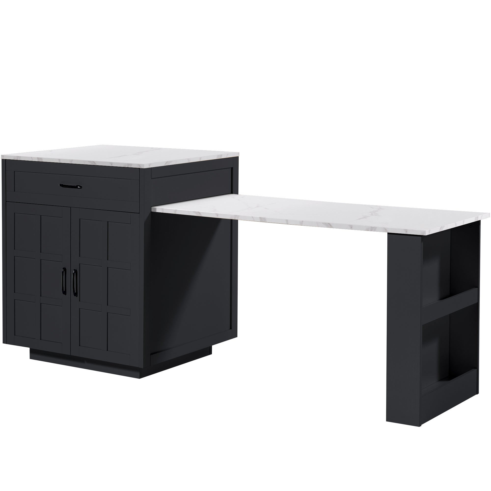 Wyspa kuchenna ze stołem jadalnym dla 4-6 osób - 2 szuflady, 2 drzwi i półki - 133/202 x 70 x 93,5 cm - MDF - Czarny - 9