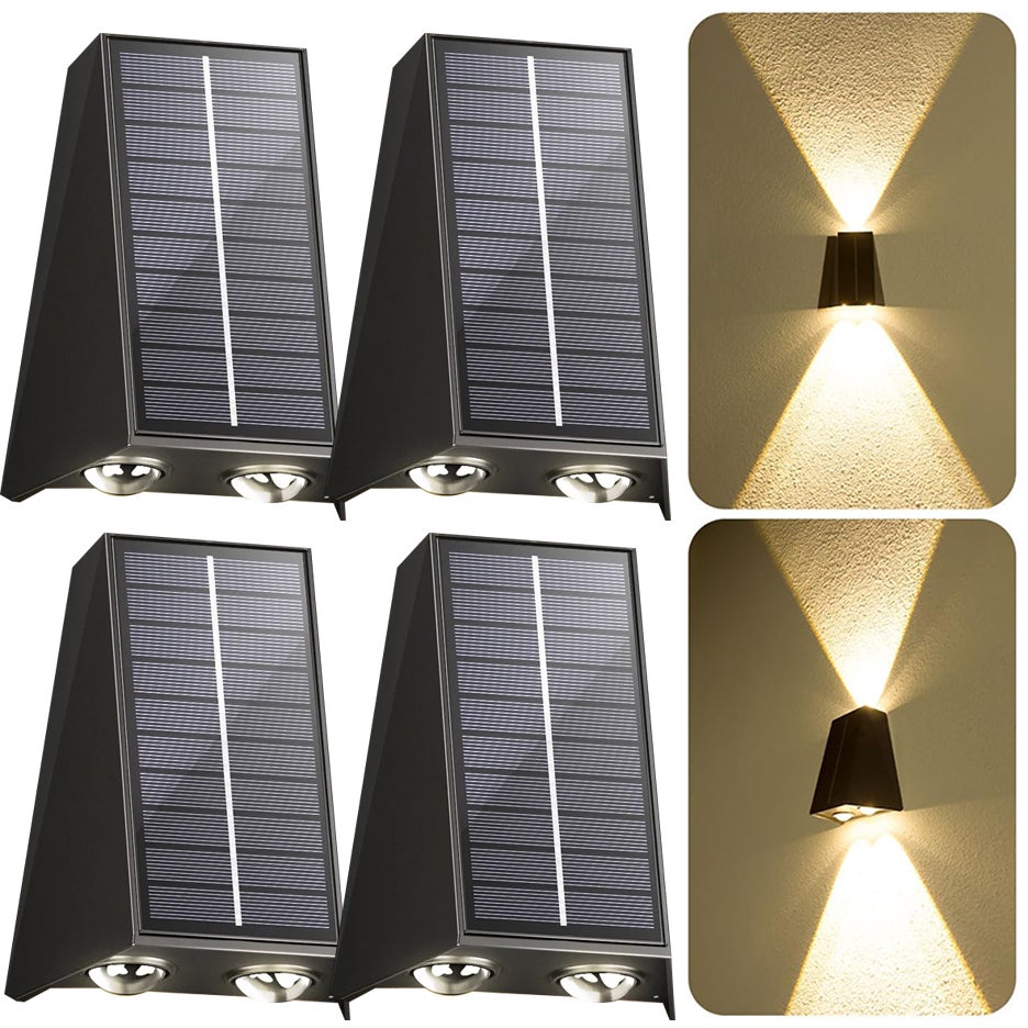 MSUIINT Lot De 4 Lampes Solaires De Clôture, Lampe Murale Solaire, 4 LED, éclairage Vers Le Haut Et Vers Le Bas, étanche Pour Maison, Terrasse