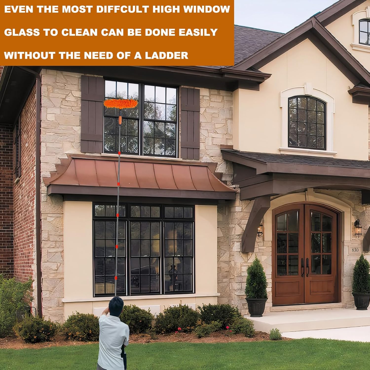 Nettoyeur de vitres 2 en 1 avec raclette et plumeau, portée de plus de 6 m - Outil rotatif avec perche télescopique de 0,9 à 4,2 m pour vitres et vitr - 7