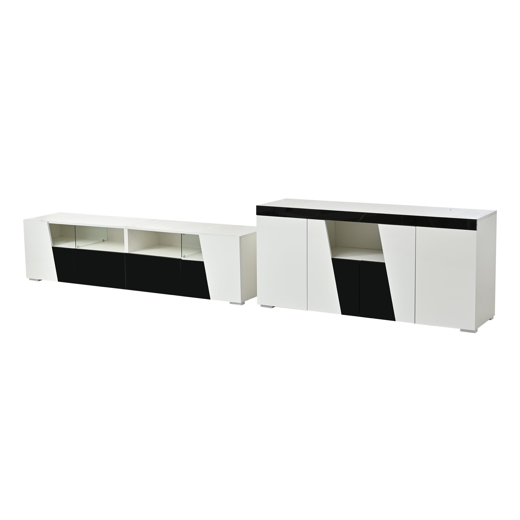 Szafka RTV z 2 drzwiami i 2 szufladami + niska komoda z 4 drzwiami - 180x38,5x45 cm + 140x40x65 cm - diody LED - Płyta wiórowa - Kolor biały + czarny - 9
