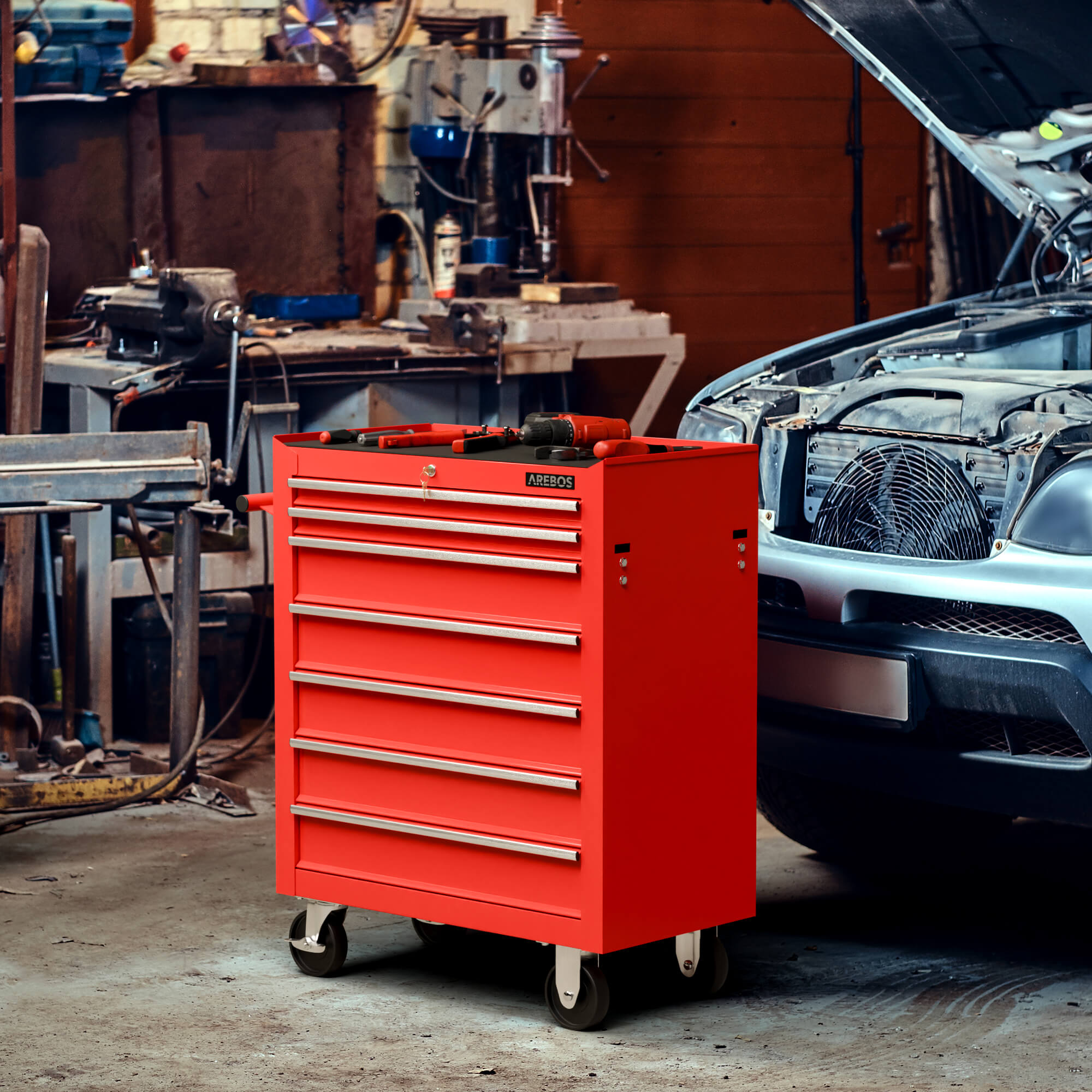 AREBOS Servantes d'atelier 7 Compartiments Fermeture centralisée Tapis antidérapants Inclus tiroirs sur roulements à Billes Roues avec Frein Rouge - 8