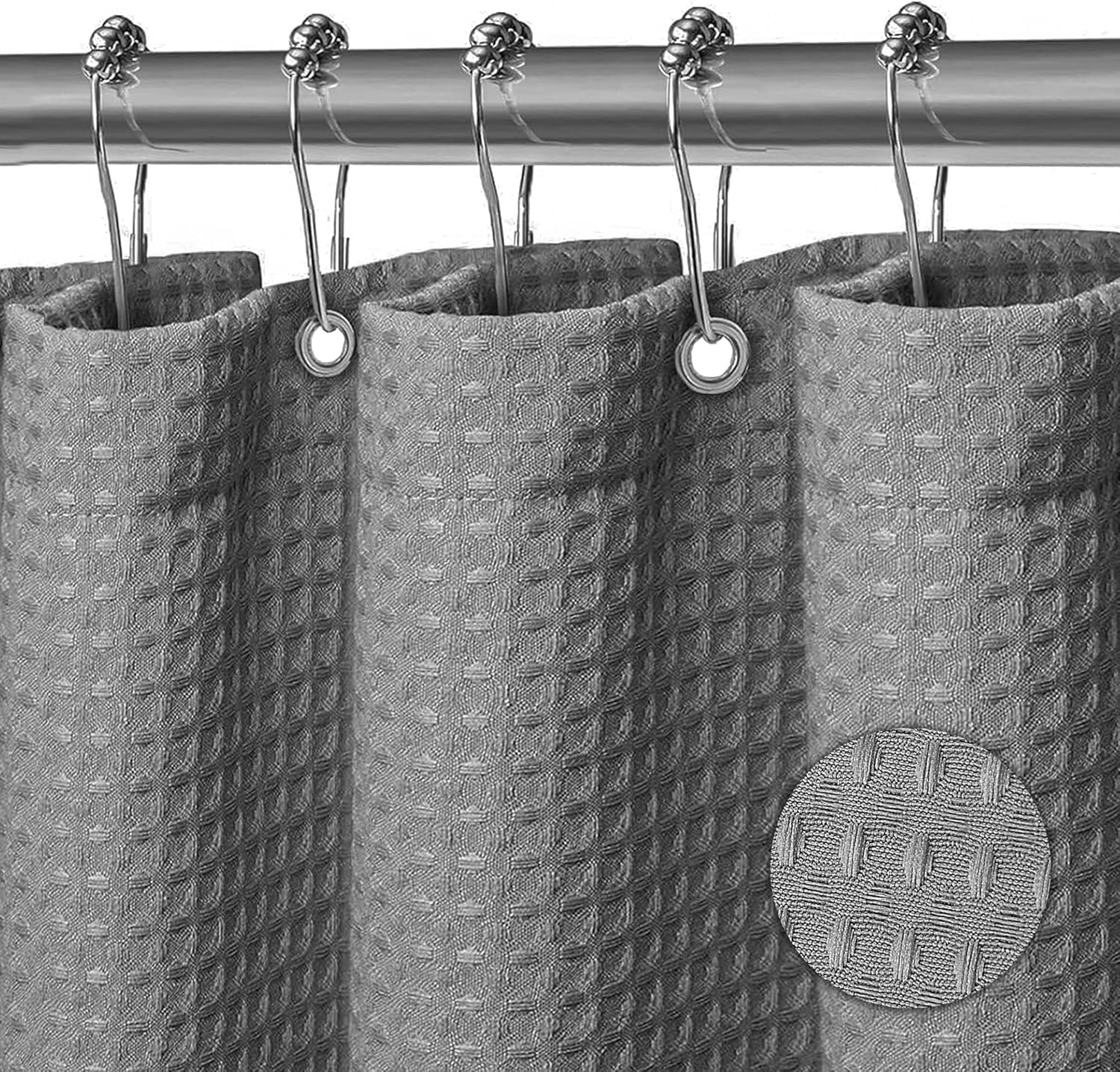 Perdea de duș din țesătură de poliester lavabilă la mașină, perdea de cadă pentru baie cu 12 cârlige metalice, impermeabilă, 180x200cm, gri waffle