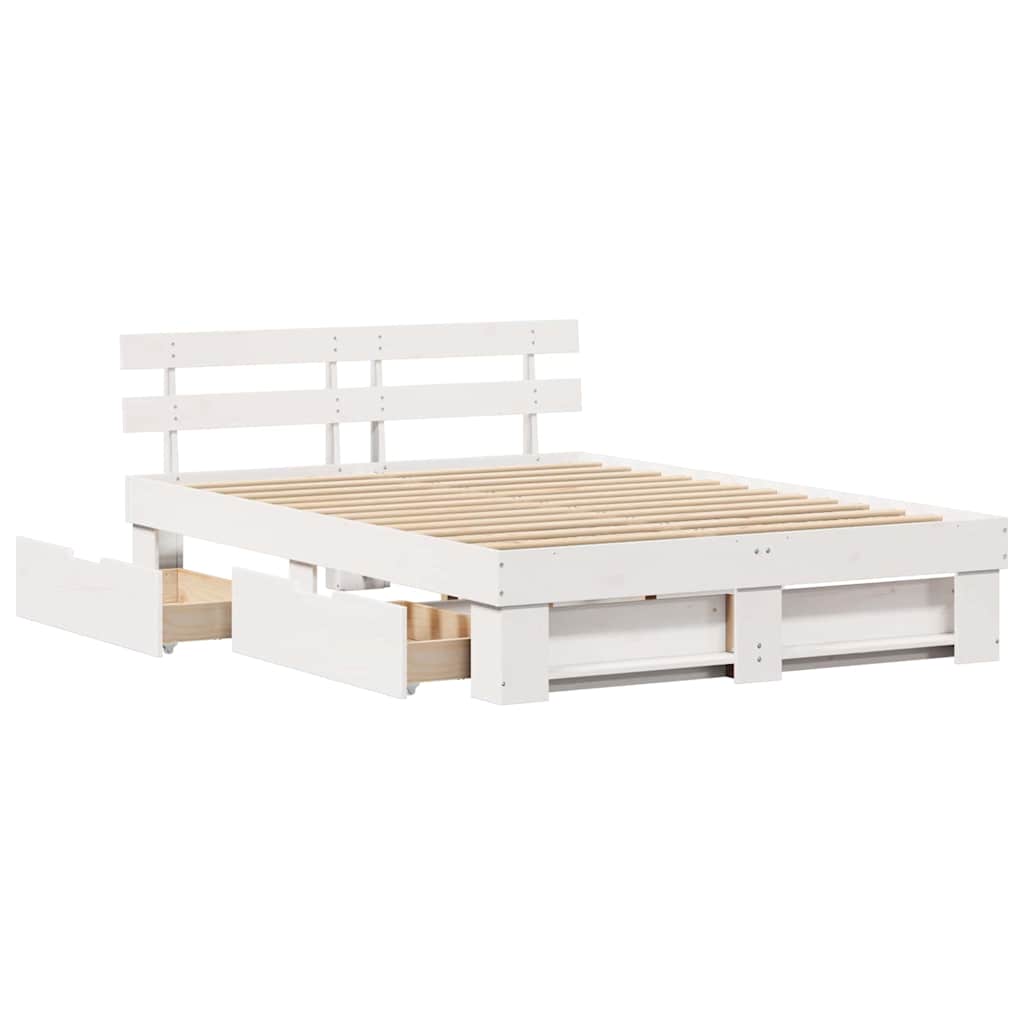 Cadre de lit avec tiroir, blanc, pin massif, pour la chambre, 150 × 200 cm - 6