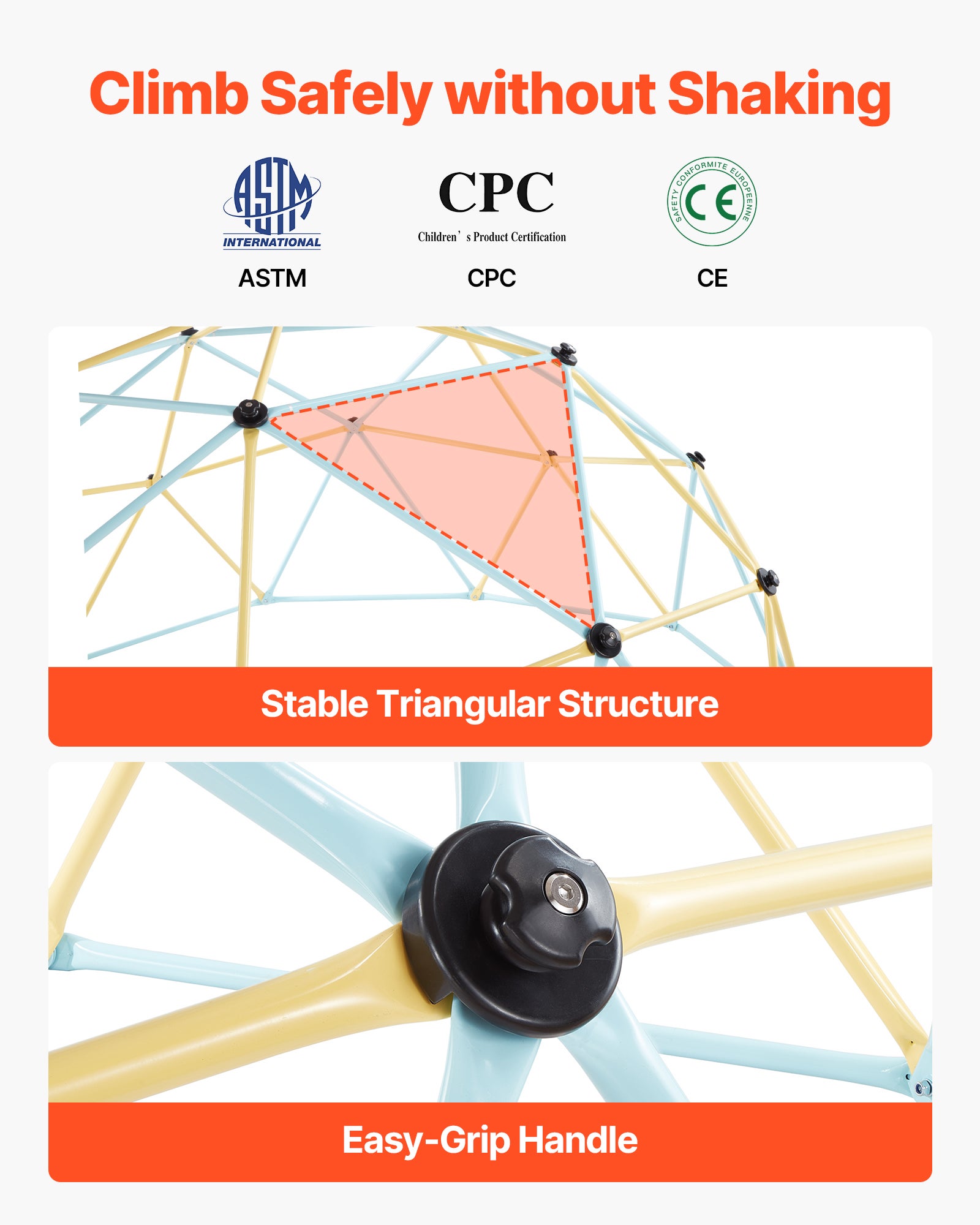 Dôme d'Escalade Géométrique 305 cm,VEVOR Cage à Grimper avec Filet et 2 Ballons de Basket,Cage à Écureuil Solide Charge de 453 kg,Bleu et Jaune - 4