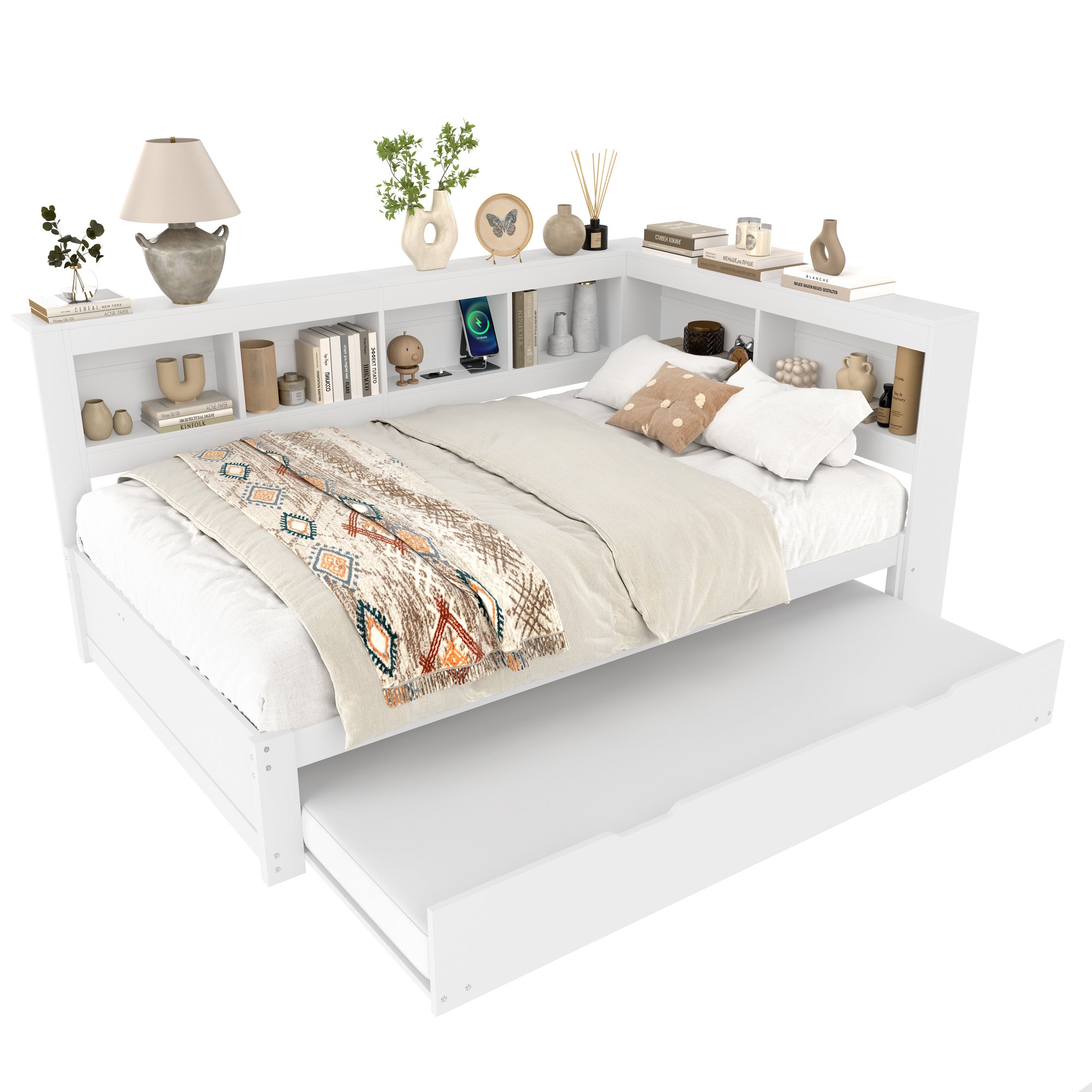 letto contenitore 140x200 cm, 2 cassetti, presa e 2 USB, MDF e pino, Bianco, senza materasso - 3