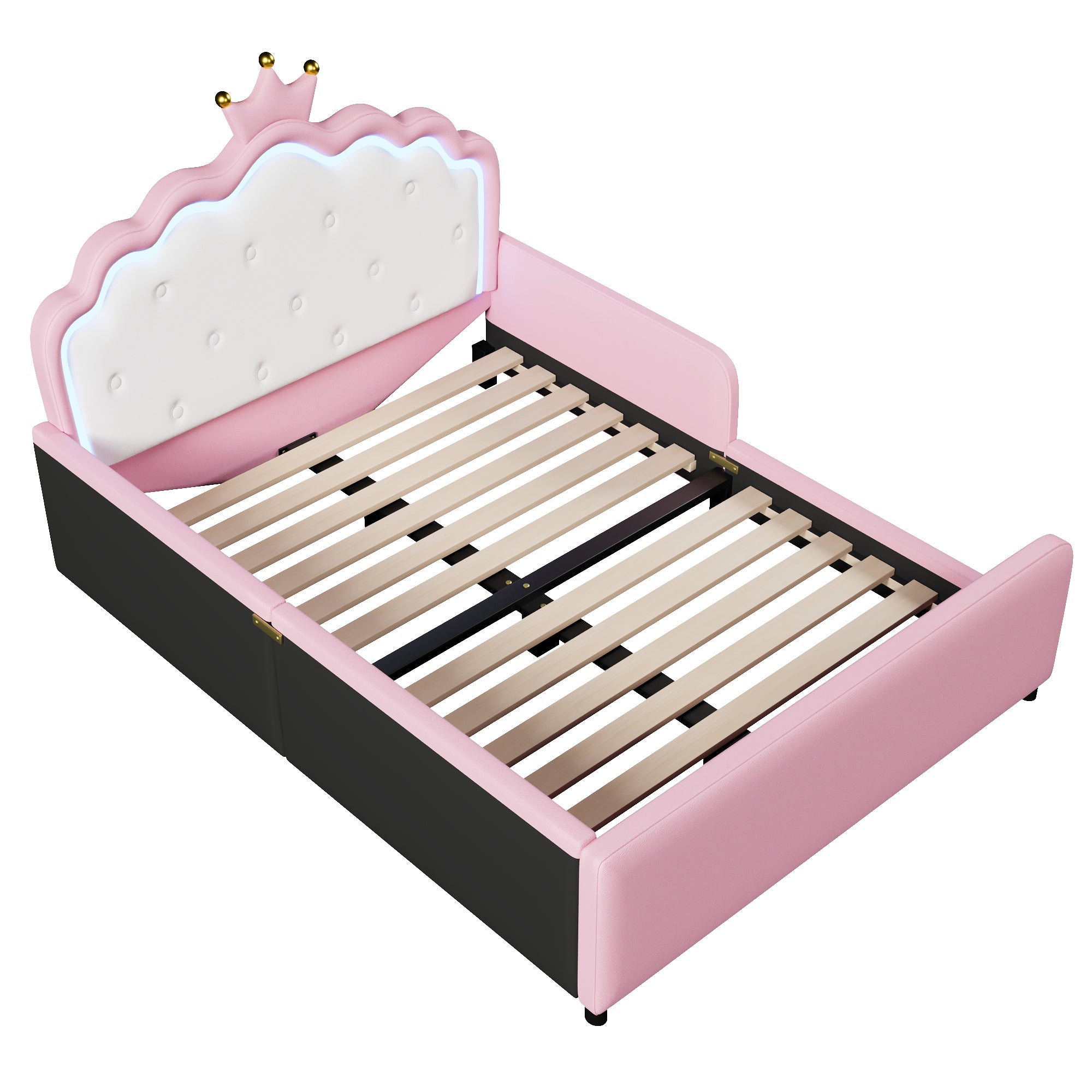 Lit enfant 140×190 cm avec lumière LED, Lit double rembourré,avec tête de lit princesse en forme de couronne, Tissu PU,Rose(matelas non inclus) - 9
