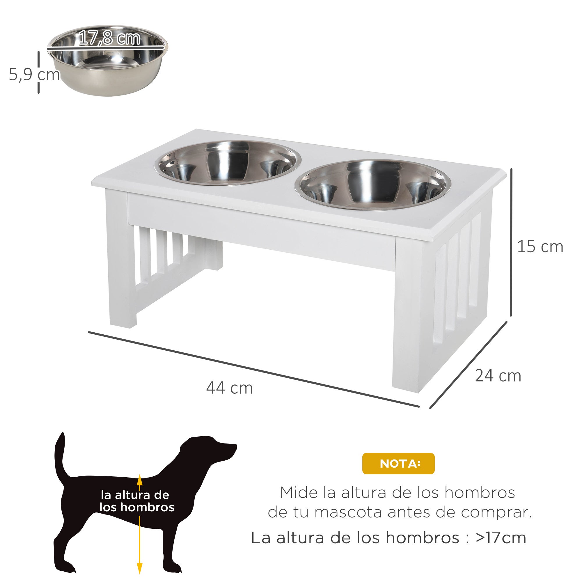 Alimentador de Animais PawHut Branco MDF, Aço Inoxidável 44x24x15cm - 3