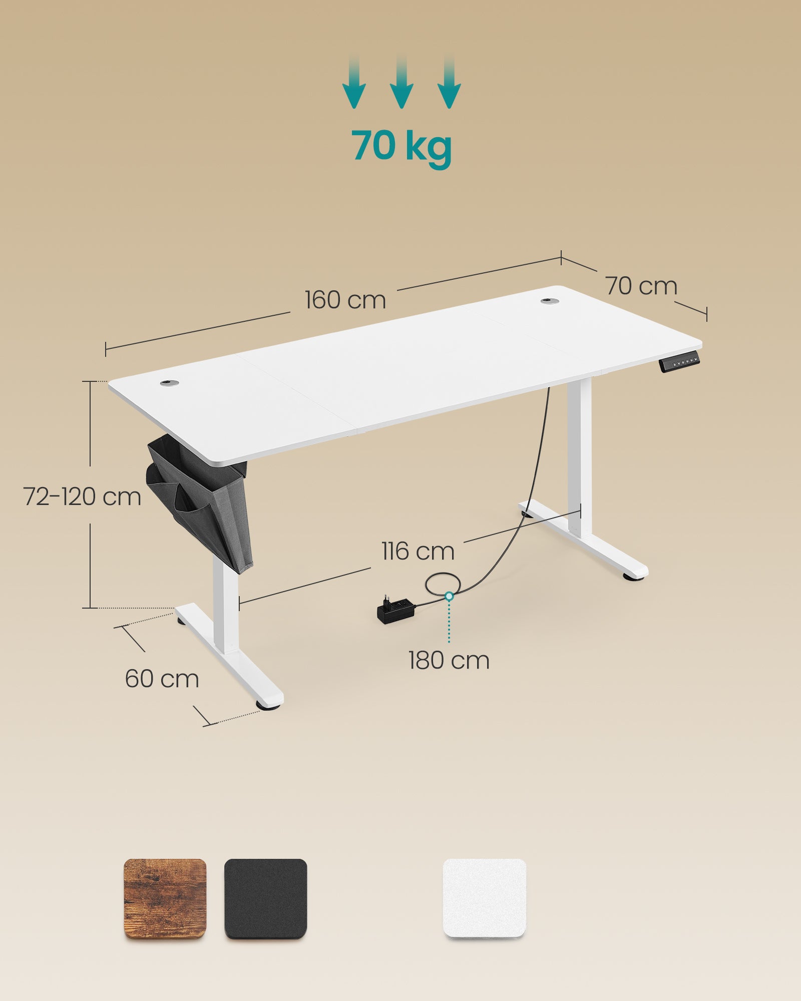 Bureau Électrique Assis-Debout, Bureau Réglable en Hauteur, 70 x 160 x (72-120) cm, 4 Hauteurs Mémorisables, Pochette de Rangement, Blanc Nuage - 5