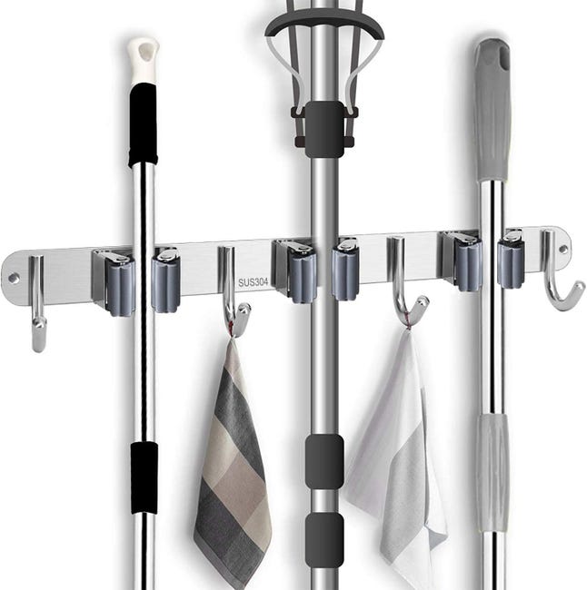 Supporto Per Scope E Mocio Da Parete In Acciaio Inox – Organizer Con 3 Rastrelliere E 4 Ganci, Carico Fino A 4,5kg (Nero, 41,4 Cm) - 3