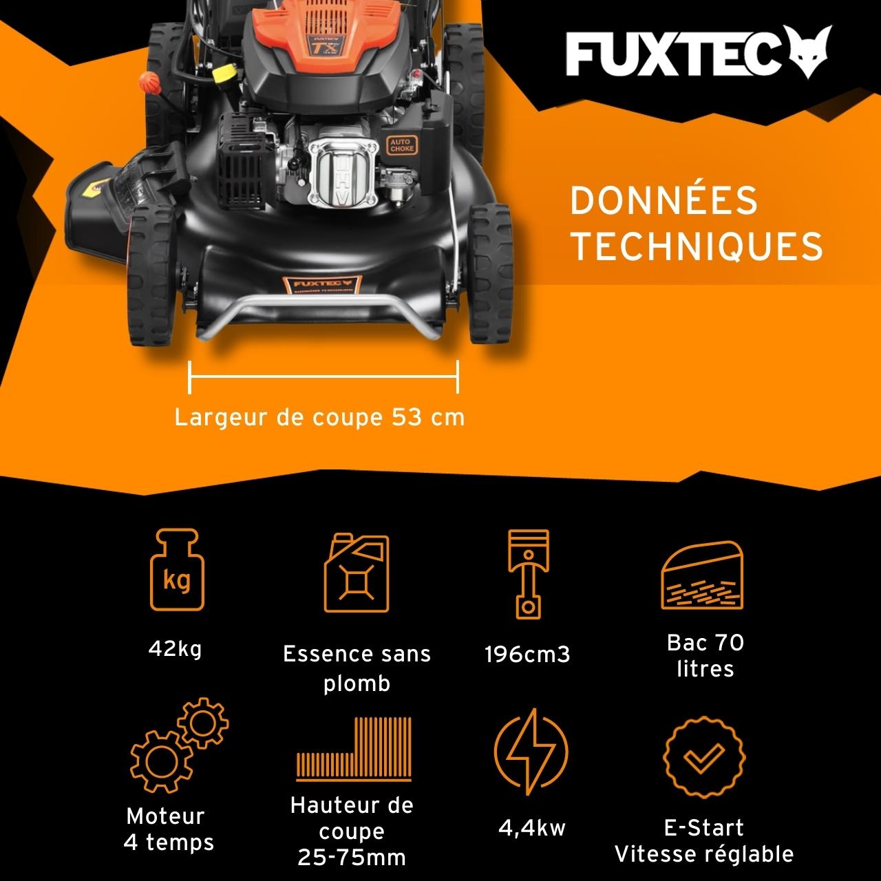 Tondeuse à gazon thermique autotractée FUXTEC FX-RM5396esPRO – 196 cm³ – 53 cm – Démarrage électrique – Vitesse réglable – Bac 70L – 6CV - 3