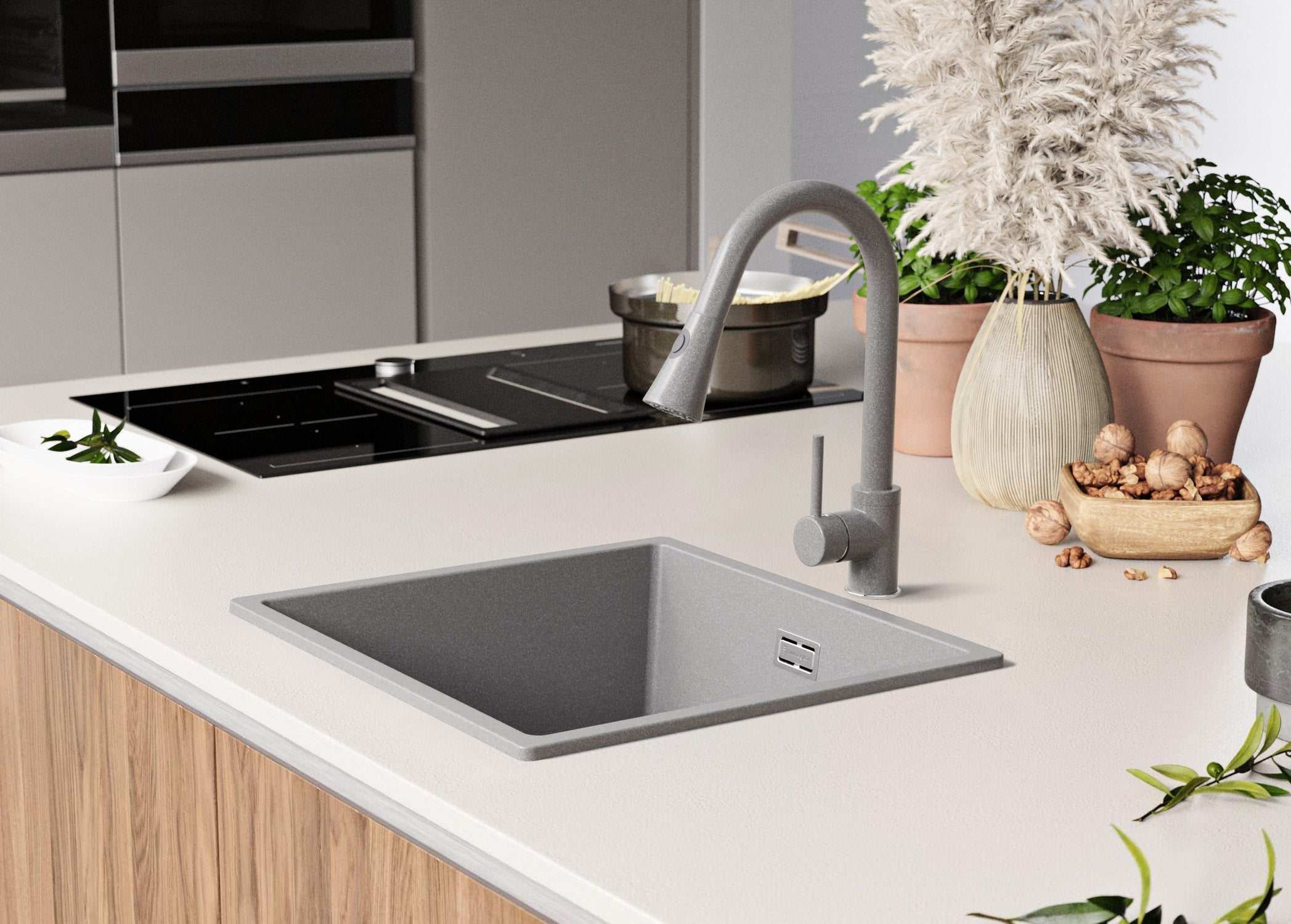 Evier Cuisine en Granit Gris 46x47cm, Lavabo 1 bac + Kit de Vidage, Évier à Encastrer au meuble 50cm - London Slim PRIMAGRAN - 9