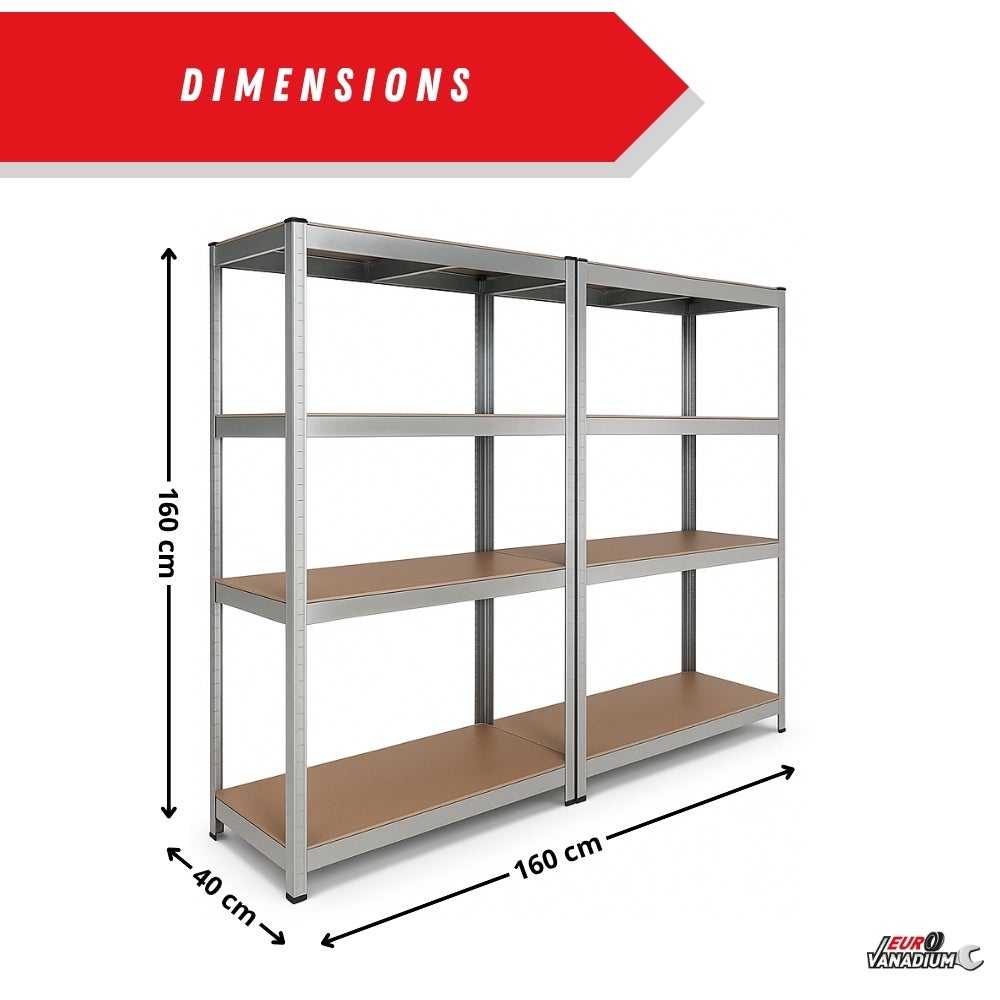 Double Étagère charges lourde 160 x 80 cm - 640 kg - 8 plateaux - Acier galvanisé - 40 cm - Gris - 3