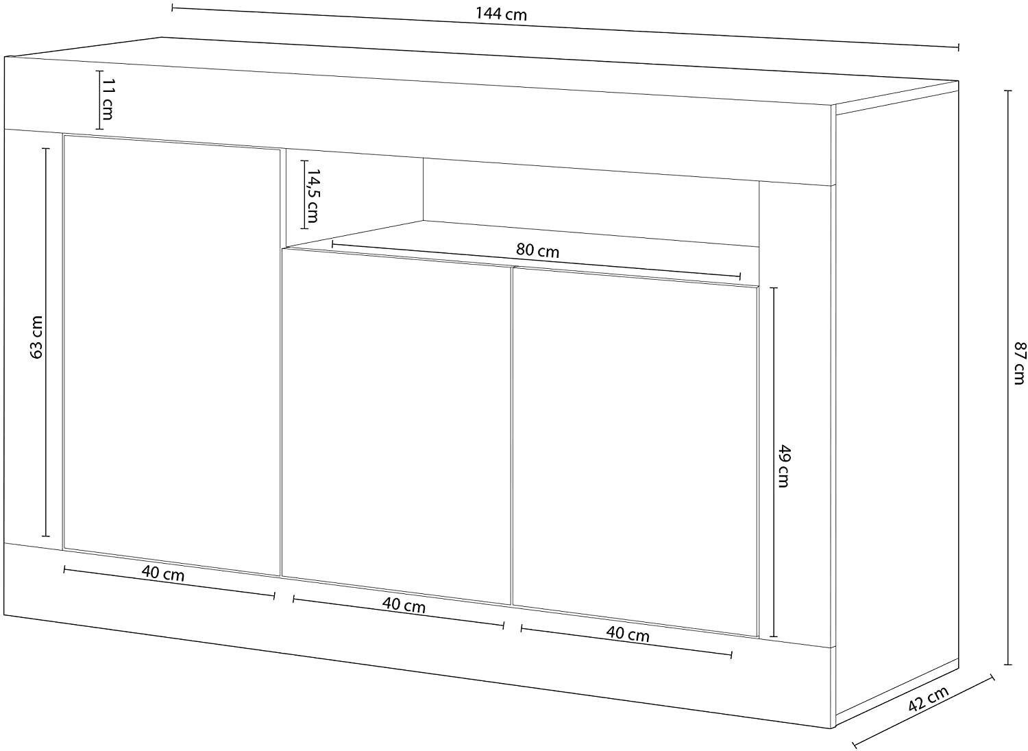 Buffet avec 3 portes et 1 étagère coloris blanc artic / blanc poli - Hauteur 87 x Longueur 144 x Profondeur 42 cm - 3