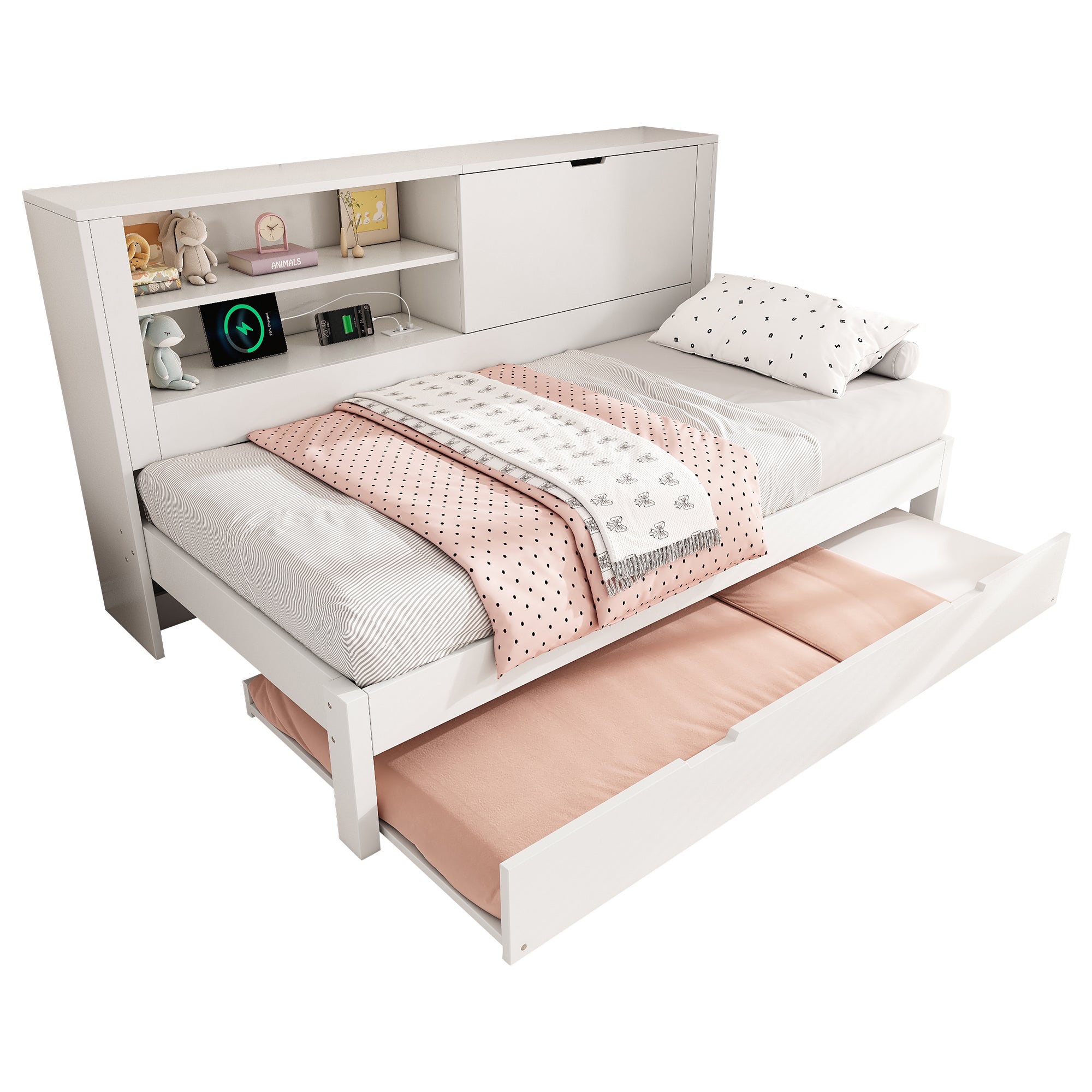 Cama Nido Infantil 90×200 + 90×190 cm con Somier de Madera y USB/USB-C, Sofá Cama con 2 Estantes y Almacenamiento Abatible - Blanco (Sin Colchón) - 9