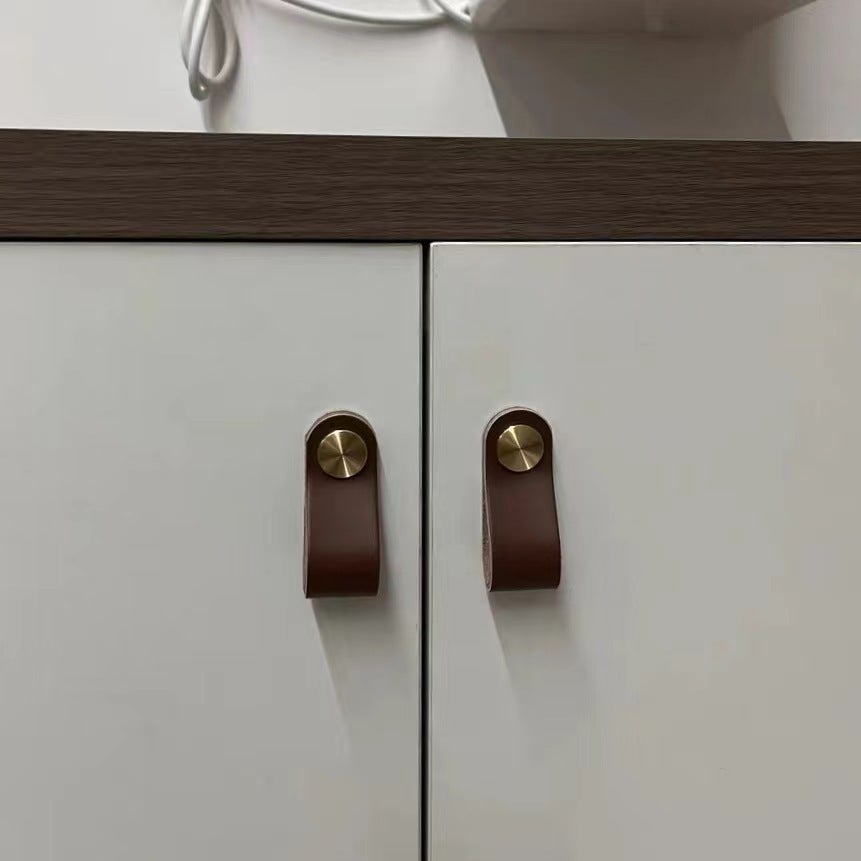 Quattro maniglie per mobili in pelle, stile vintage, adatte per armadi e tolette, foro singolo. - 2