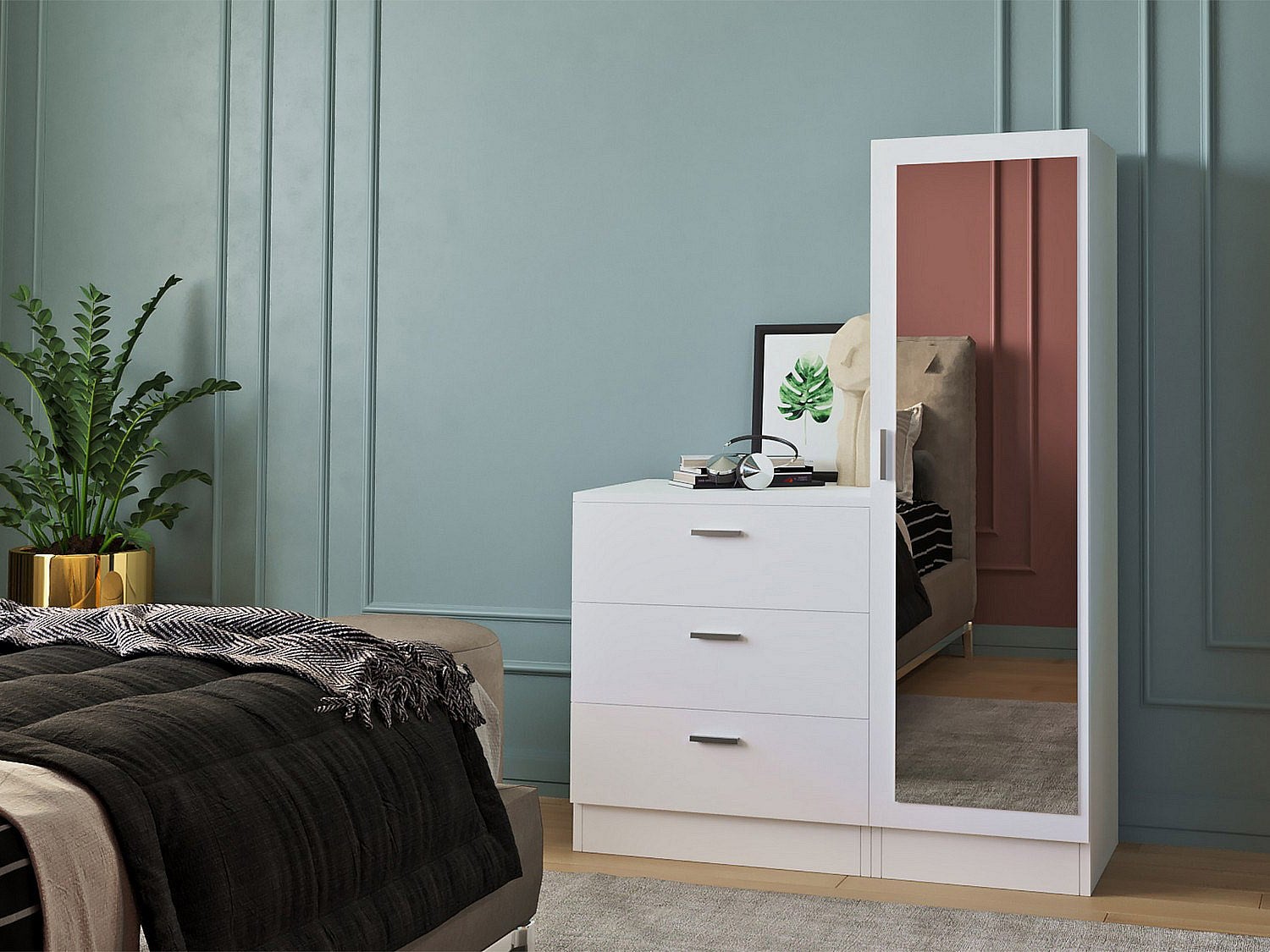 Commode 3 tiroirs avec armoire et miroir - Blanc - VITORIO - 6