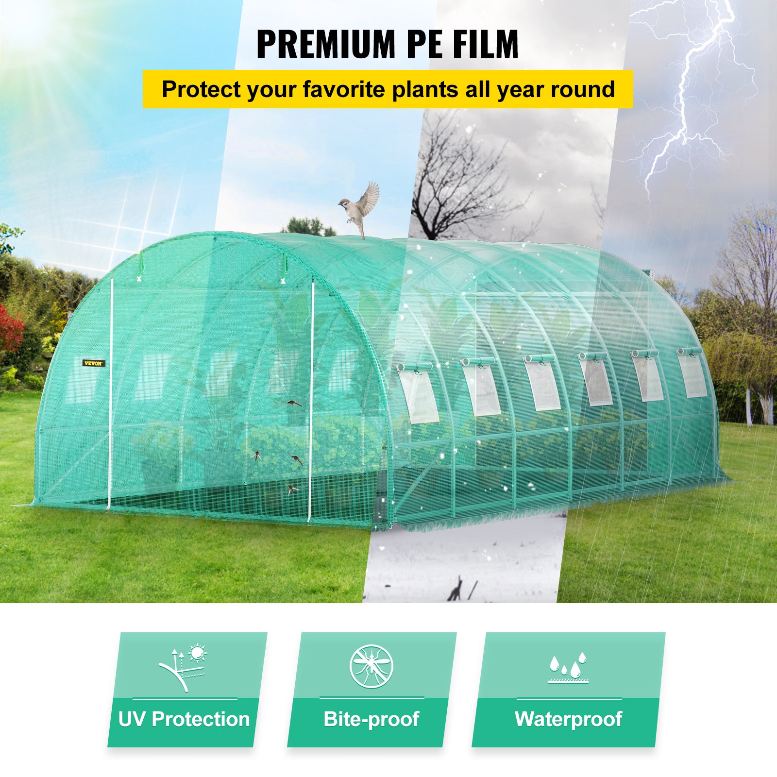 Serre Tunnel Jardin VEVOR 6,1x3x2,1 m Tente Abri Plantes Cadre en Acier Galvanise Couverture Etanche PE 3 Poutres Superieures 4 Poteaux Diagonaux 2 Po - 4