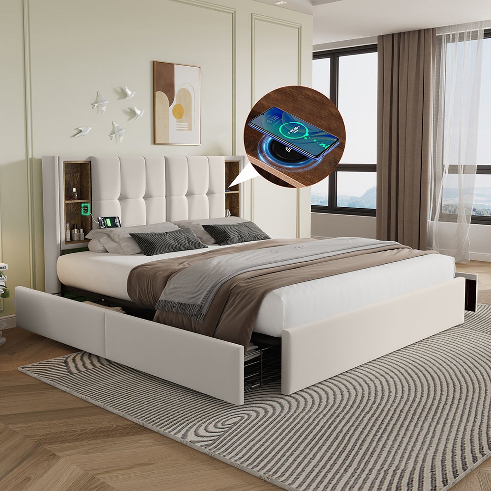 Lit 140x200 Avec Tête De Lit Rembourrée, 4 Tiroirs Et Ports USB - Cadre En Métal, Sans Matelas - Beige