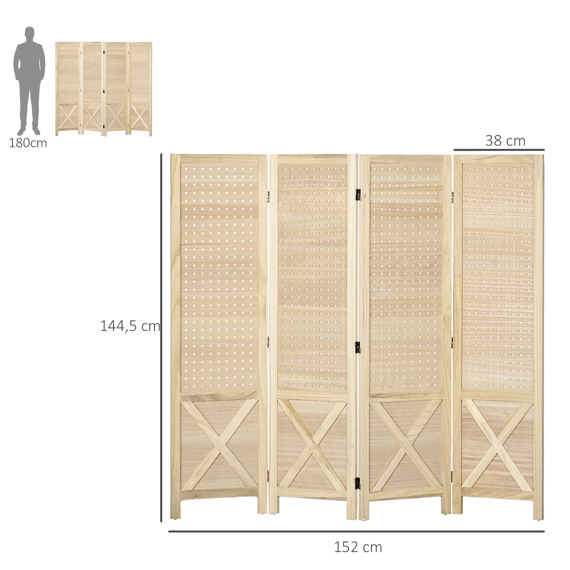 Paravent intérieur en bois 4 panneaux séparateur de pièce pliable panneau perforé 152x1,7x144,5cm bois naturel - 5
