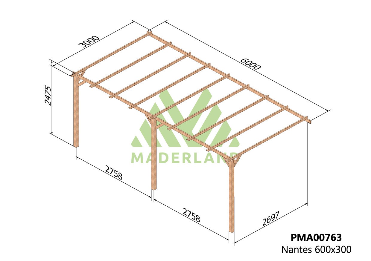 Pérgola madera adosada NANTES • 600x300 cm • tratada • madera maciza - 2