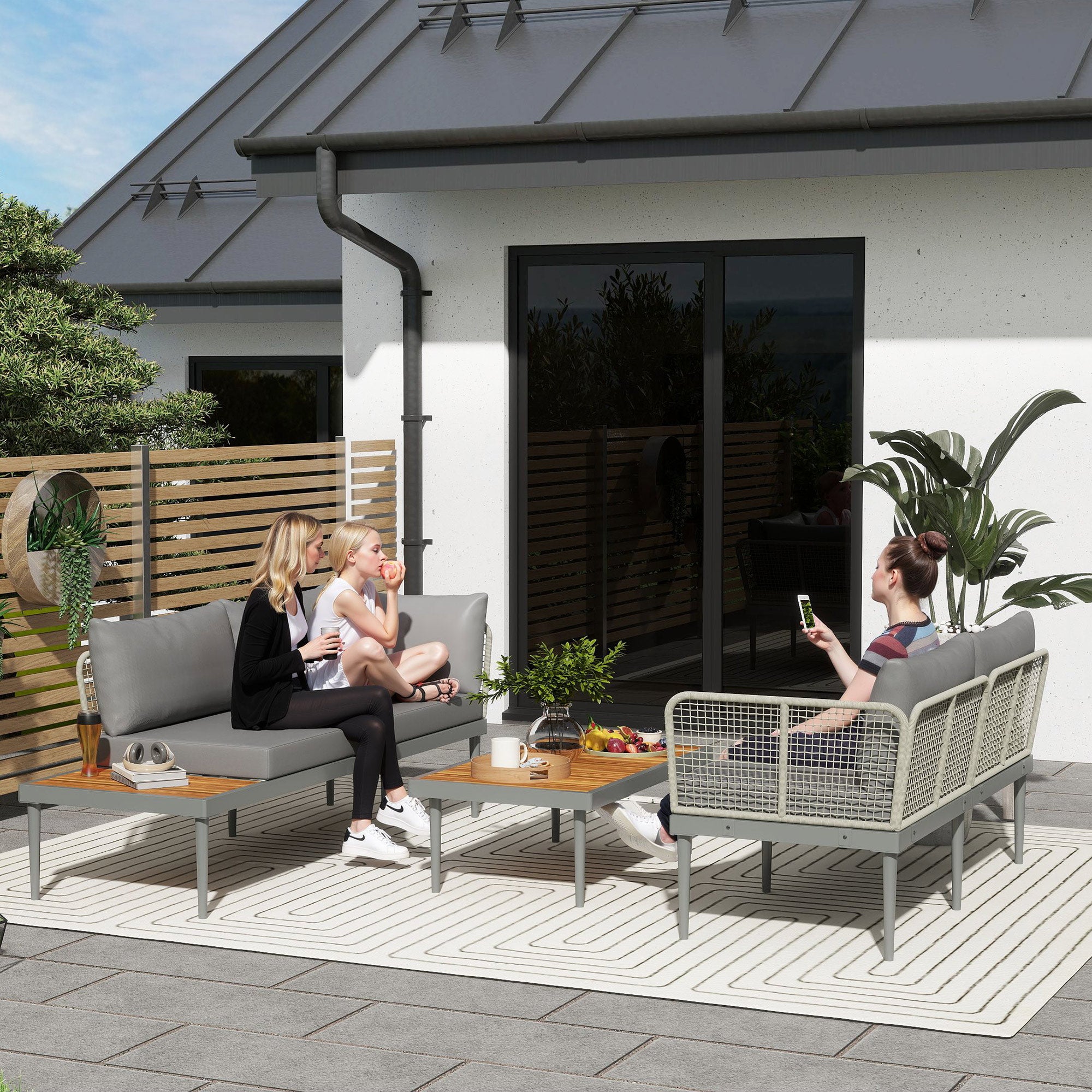 Outsunny Set da Esterno 3 Pezzi con 2 Divanetti 2 Posti e Tavolino Basso, in Rattan e Acciaio Grigio e color Legno - 2