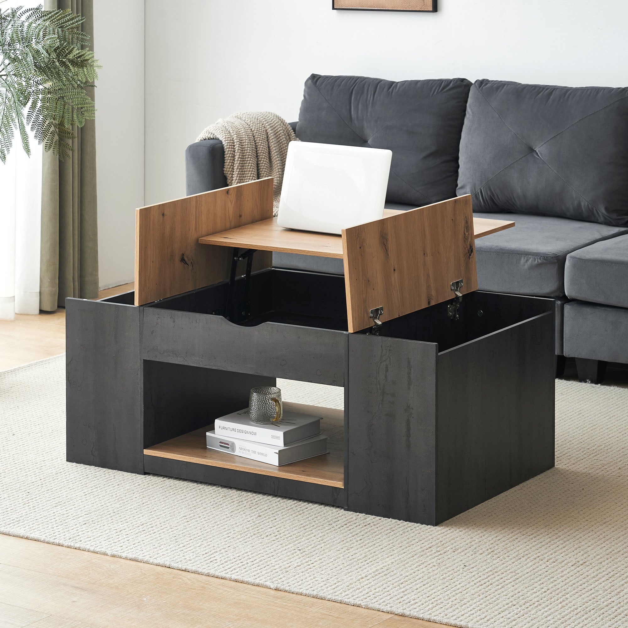 Table basse relevable en MDF - avec espace de rangement sous la table - gris - 8