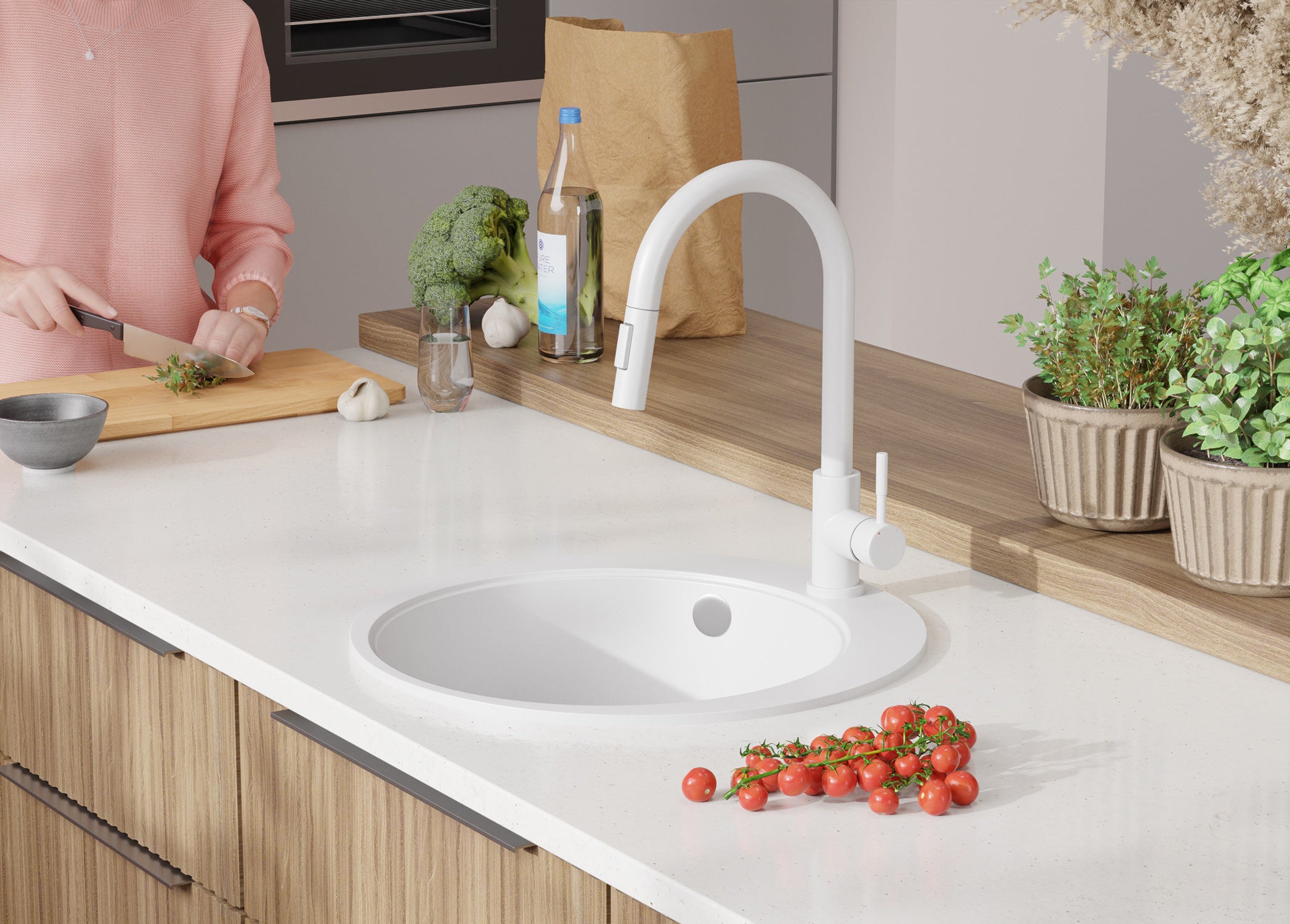 Lavandino Rotondo Bianco 50x50cm, Lavello in Granito a 1 vasca + Sifone Classico + Accessori, Lavabo da Cucina Incasso al mobile 45cm PRIMAGRAN - 9