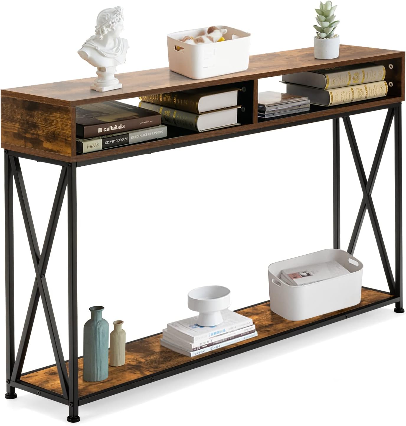 Stół Konsolowy w Stylu Industrialnym, 120 x 23 x 79 cm, z 3 Otwartymi Półkami, Żelazna Rama, Stolik Pomocniczy, do Przedpokoju i Salonu (Kawiarnia)