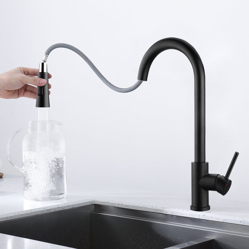 Czarny kran kuchenny, obrotowy 360°, z wyciąganą wylewką, wysoki łuk, bateria kuchenna z prysznicem, 2 tryby strumienia