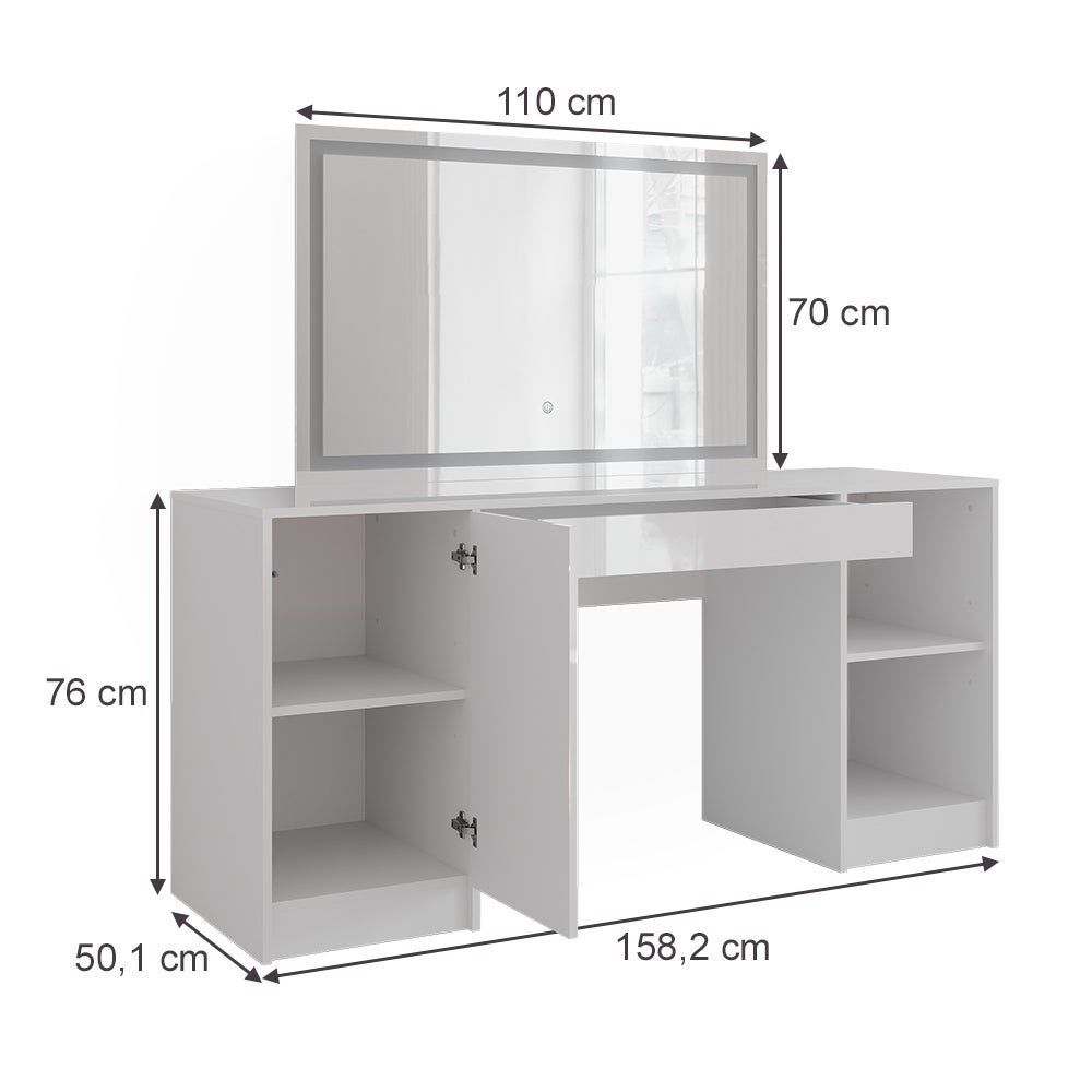 COIFFEUSE SHERRY 120CM BLANC BRILLANT AVEC MIROIR LED ET BANC VICCO