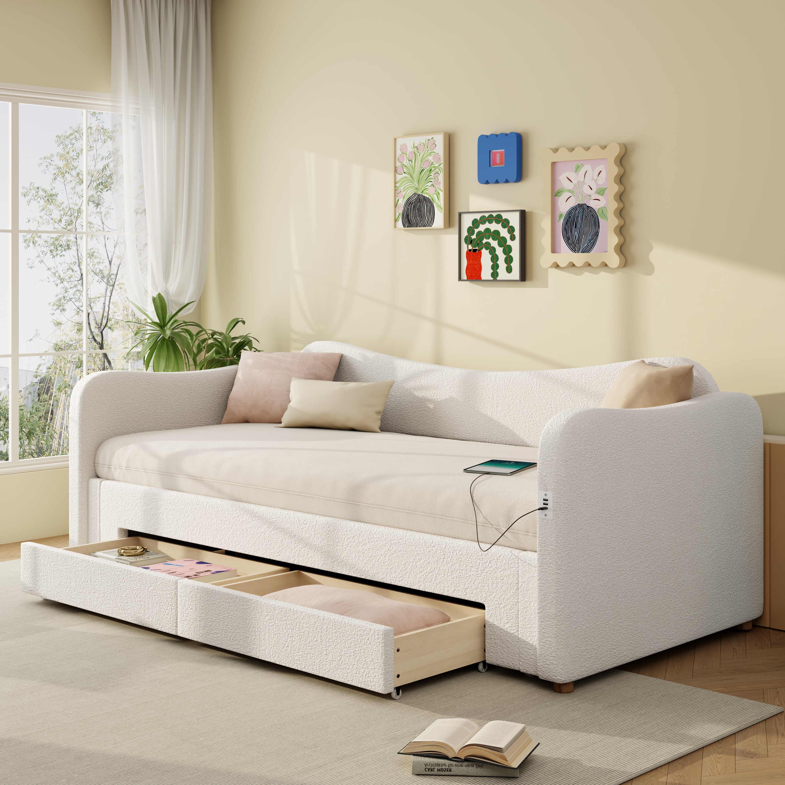 Tapicerowana sofa z łóżkiem 90x200cm - z łóżkiem chowanym - 2 szuflady do przechowywania - Port USB - Tkanina bouclé - Beżowy​ (bez materaca)