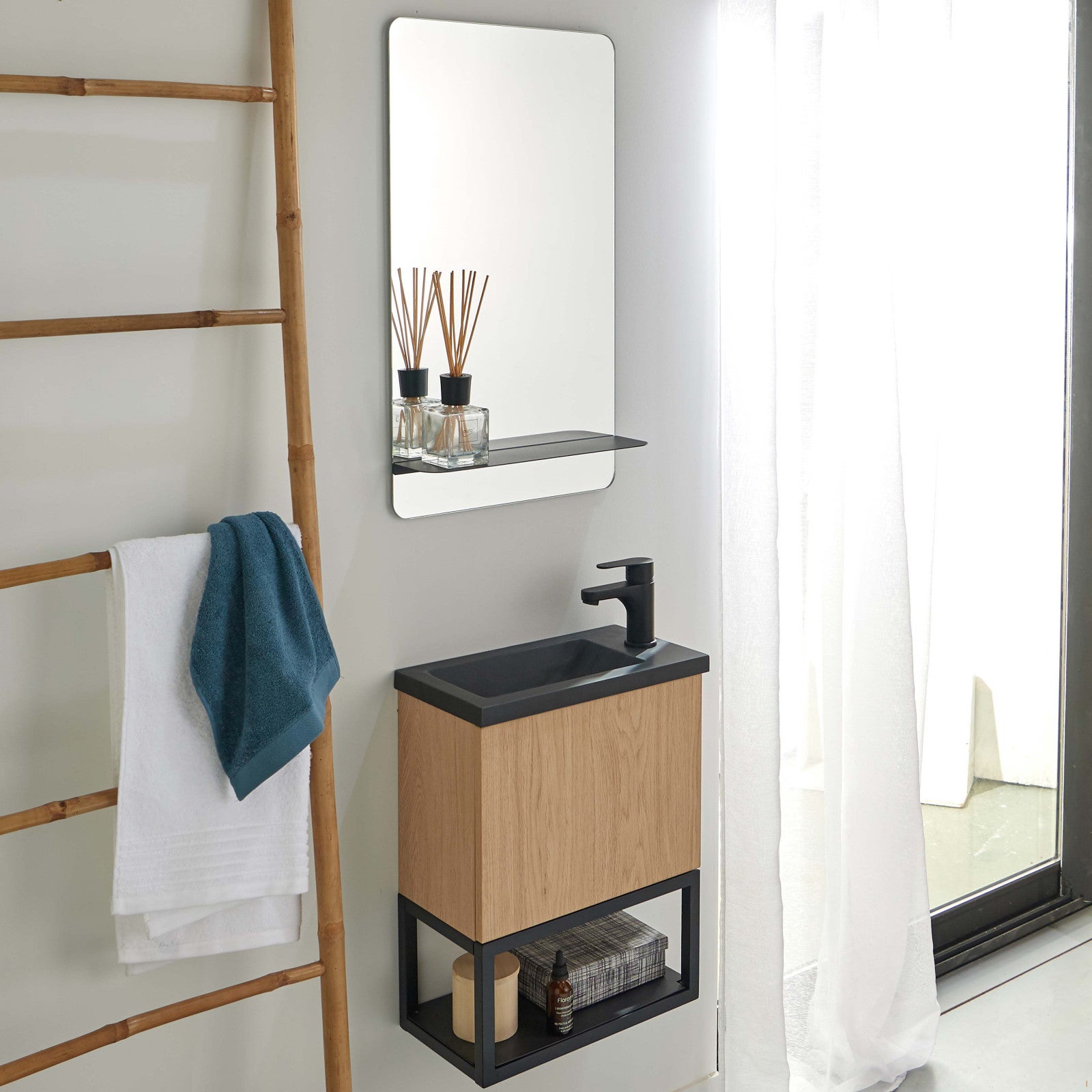 Ensemble lave-mains NOVA suspendu métal et bois avec robinet noir - 7