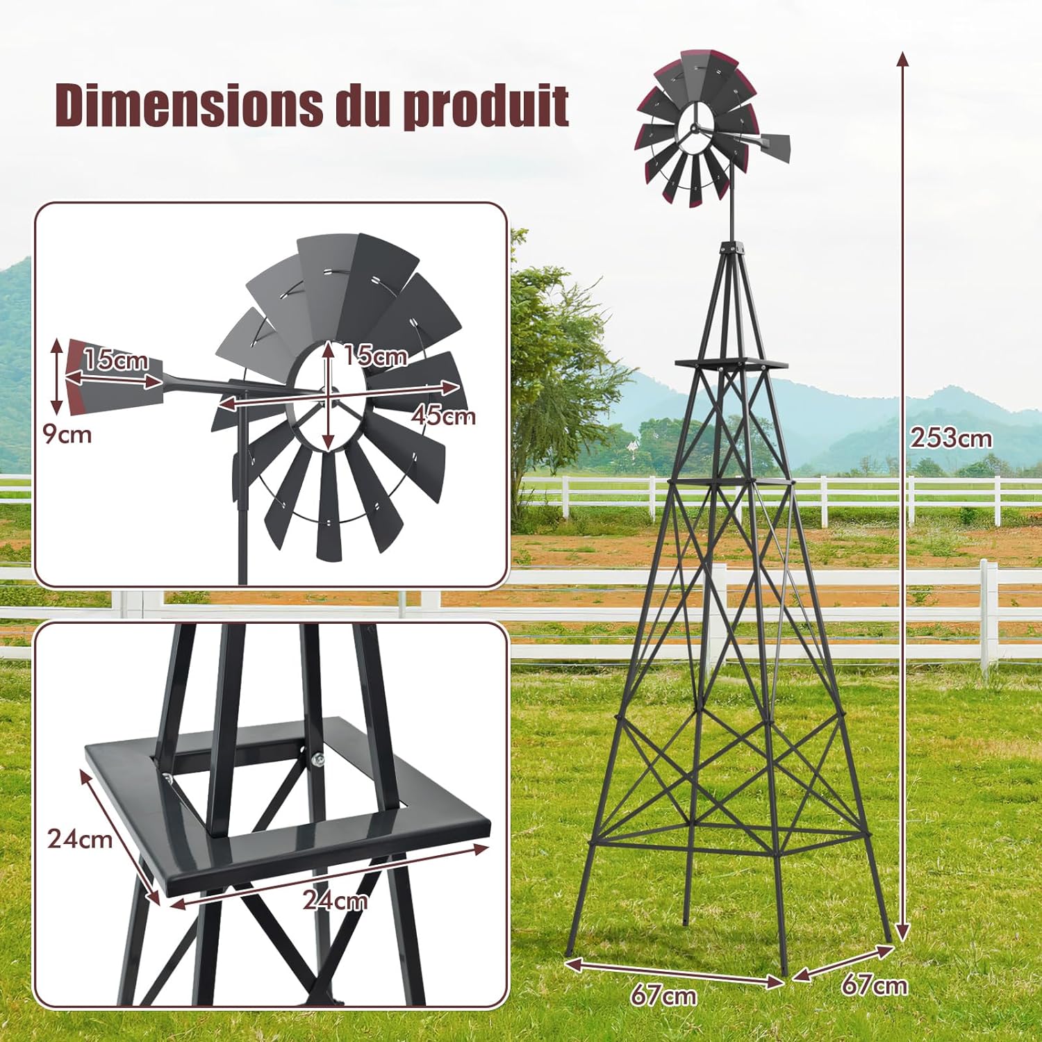 Moulin à Vent Géant de Jardin 253 cm, Moulin à Vent Ornemental en Métal Tout Temps (Gris) - 4