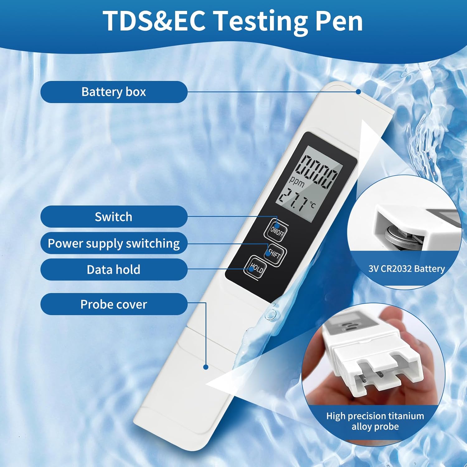 3-en-1 Mètre de Test de qualité de l'eau TDS EC Température, Portable Stylo Numérique Haute Précision avec Affichage LCD Compensation Automatique Temp - 4
