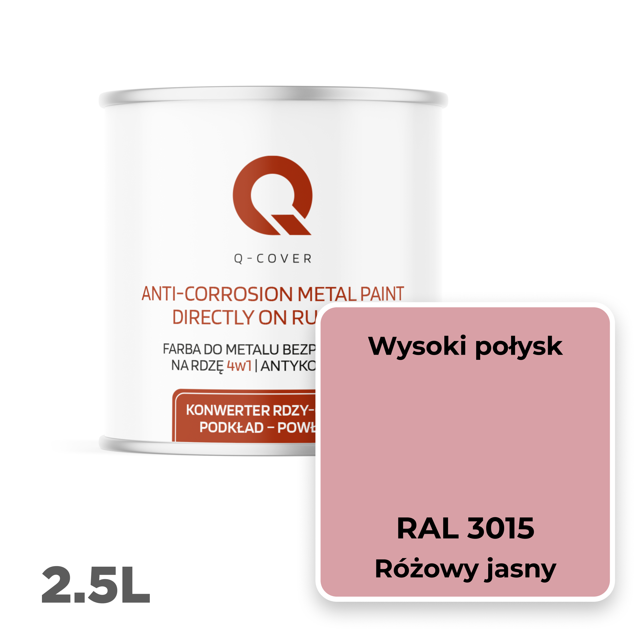 Farba do Metalu Prosto na Rdzę 4w1 Q-Cover Różowy jasny RAL3015 Wysoki Połysk 2.5L - 2